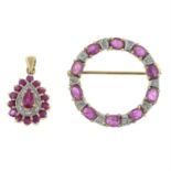 A 9ct gold ruby and diamond pendant, together with a 9ct gold ruby and diamond brooch.
