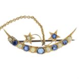 A sapphire and pearl crescent brooch.