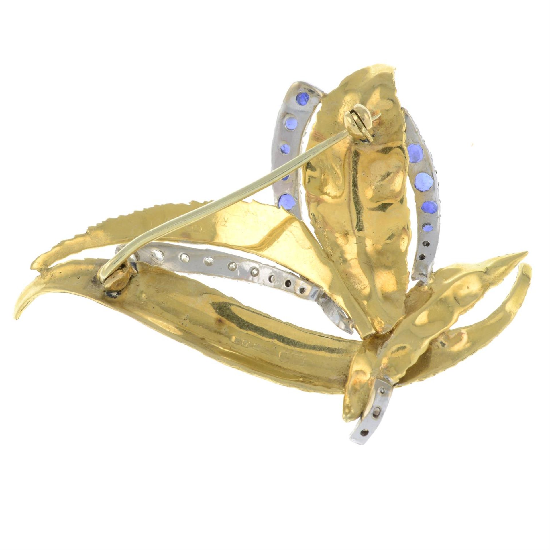 An 18ct gold brilliant-cut diamond and sapphire foliate brooch. - Image 2 of 2