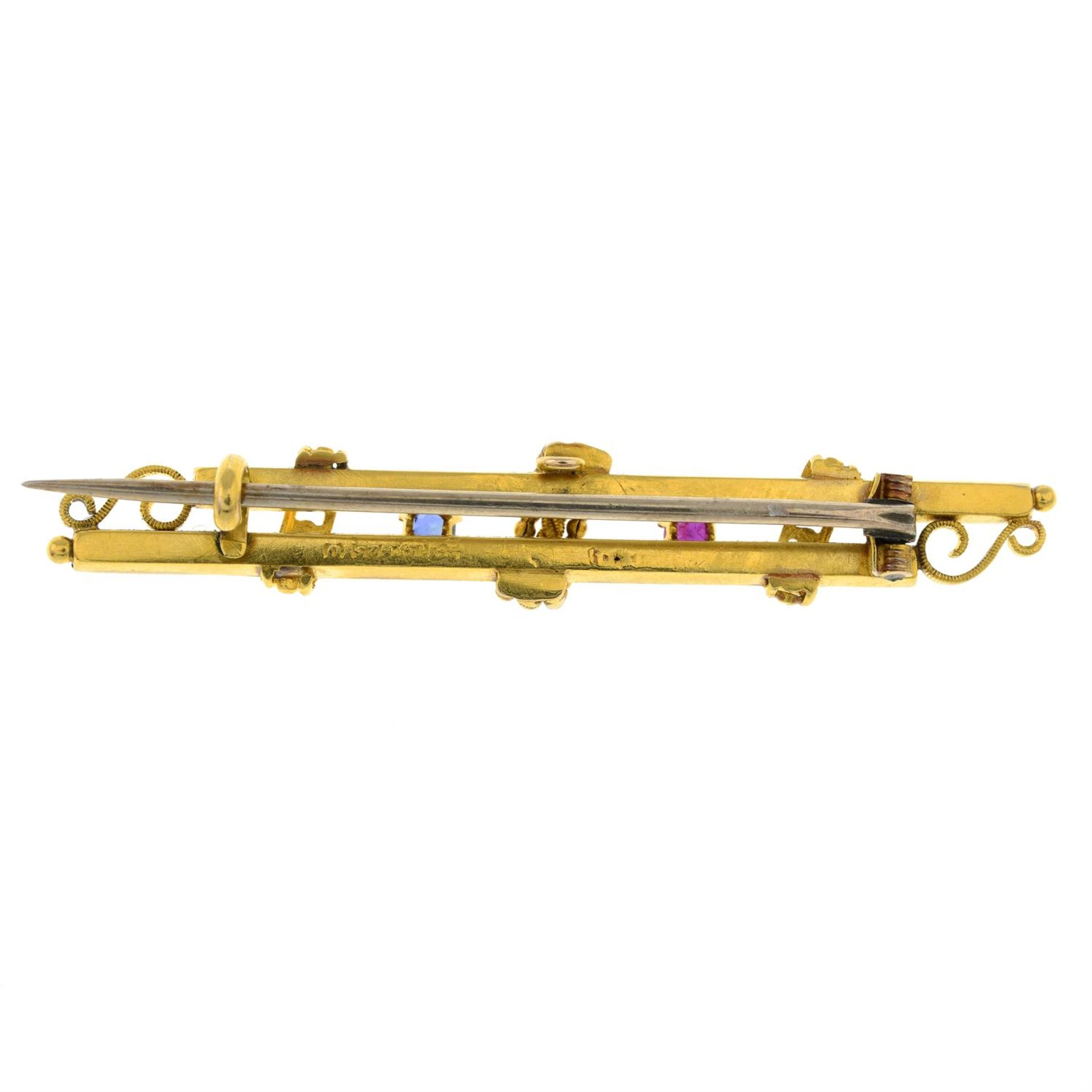A late Victorian 15ct gold ruby and sapphire bar brooch. - Image 2 of 2