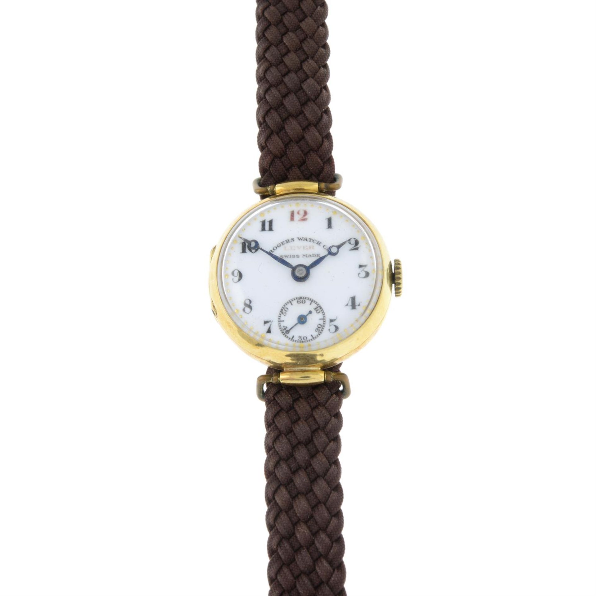 A wristwatch, with woven strap.