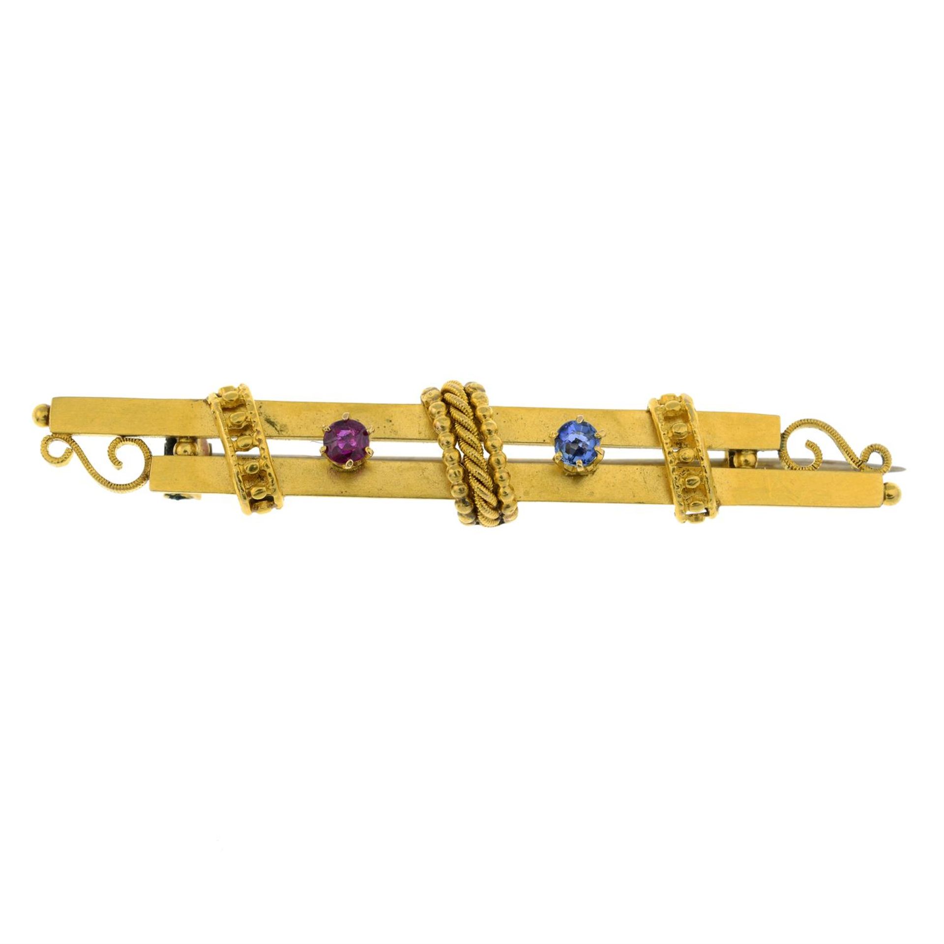 A late Victorian 15ct gold ruby and sapphire bar brooch.