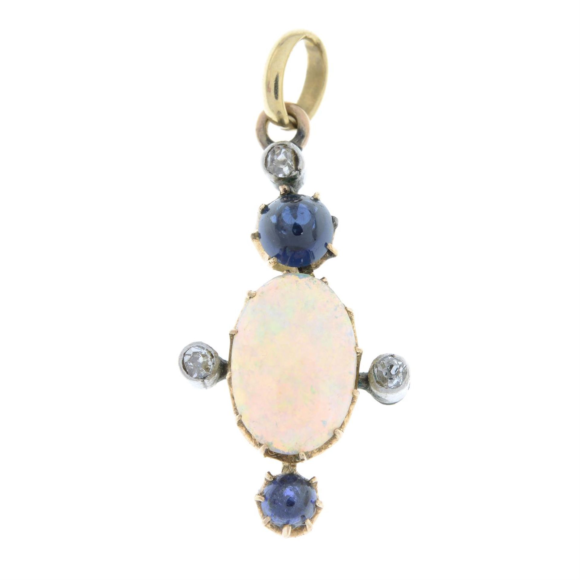 An early 20th century gold opal, diamond and sapphire pendant.