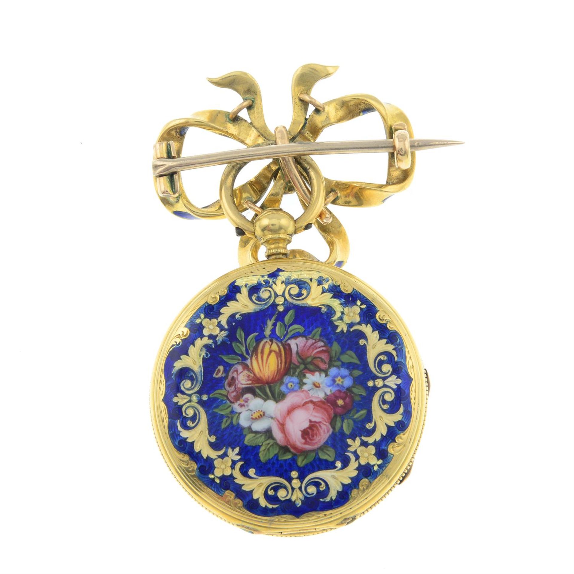 A 19th century 18ct gold enamel fob watch, by Vieyres & Repingon, suspended from a later enamel bow - Image 2 of 2