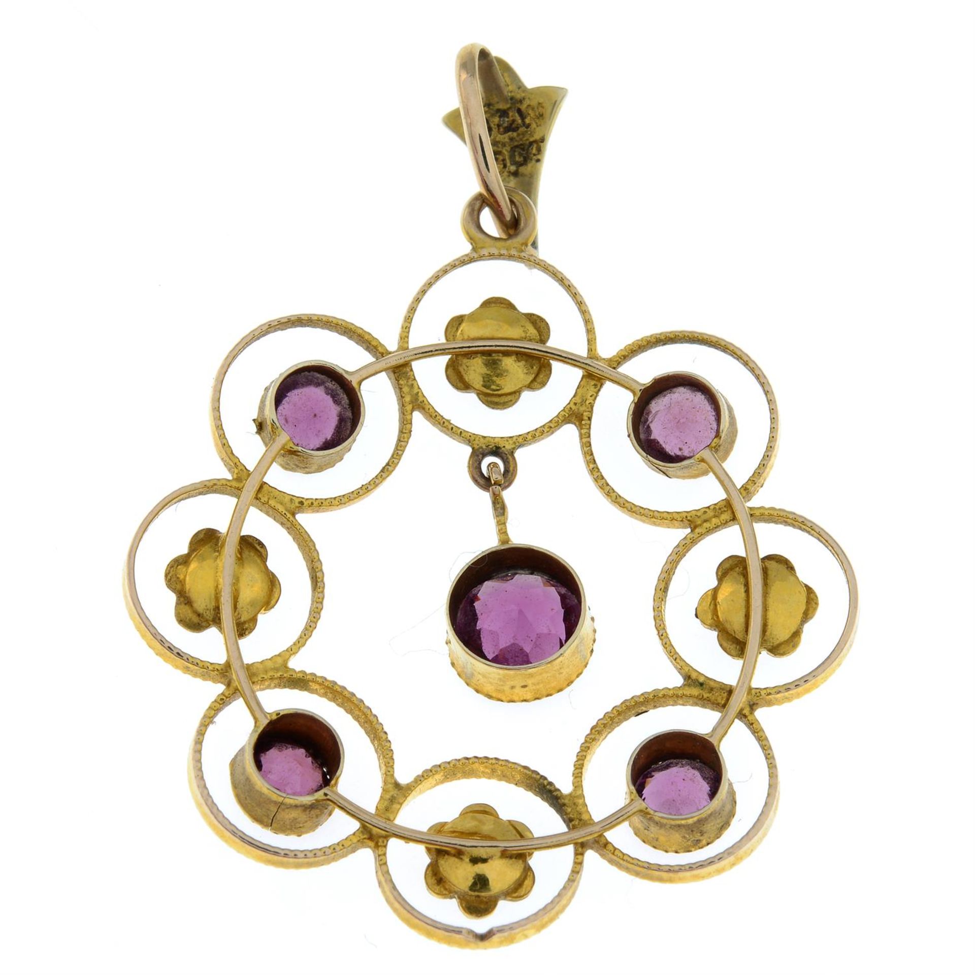 An early 20th century 9ct gold garnet and seed pearl openwork pendant. - Image 2 of 2