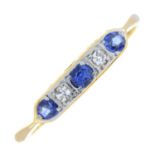 An early 20th century 18ct gold old-cut diamond and synthetic sapphire five-stone ring.