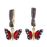 A pair of paste and enamel butterfly drop earrings.