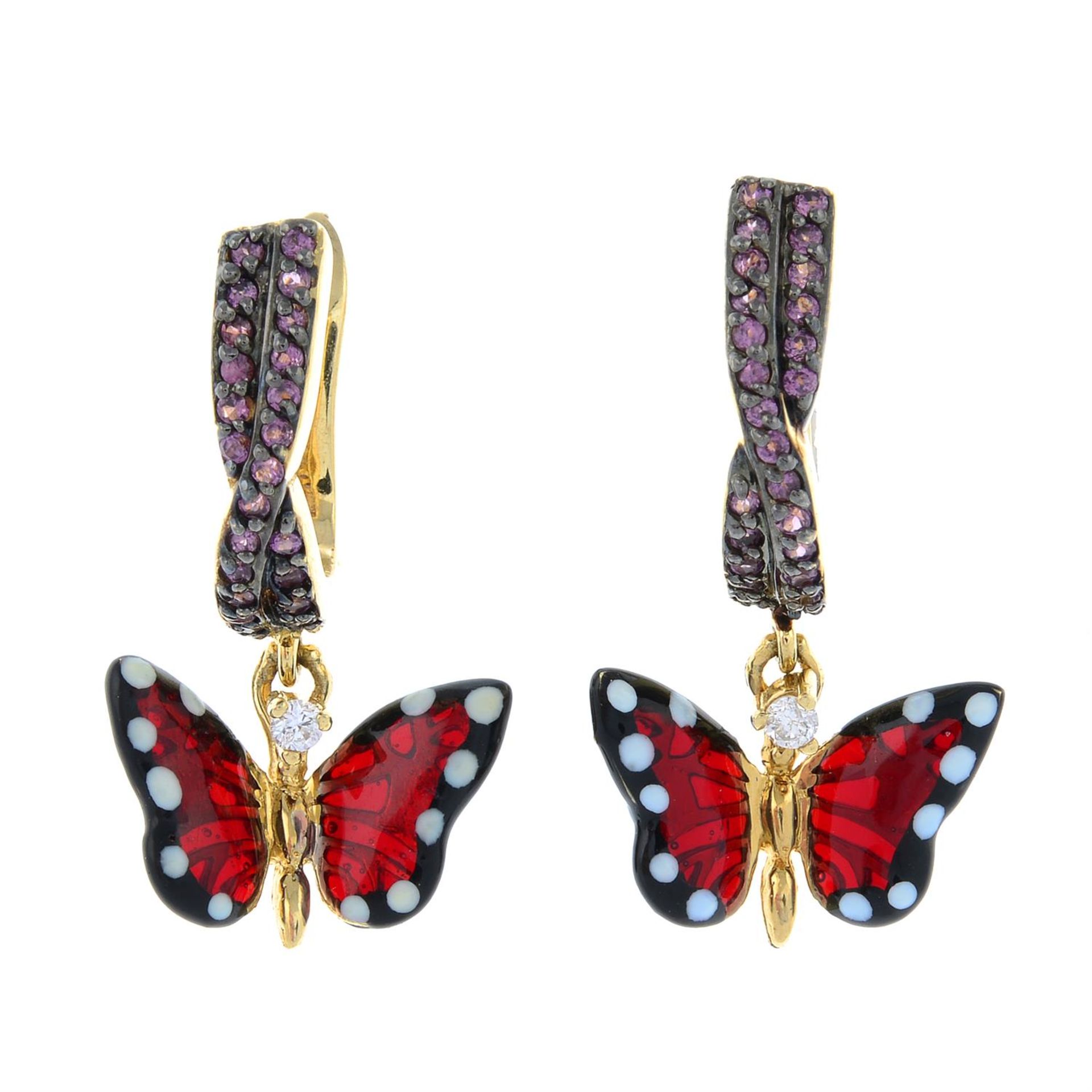 A pair of paste and enamel butterfly drop earrings.