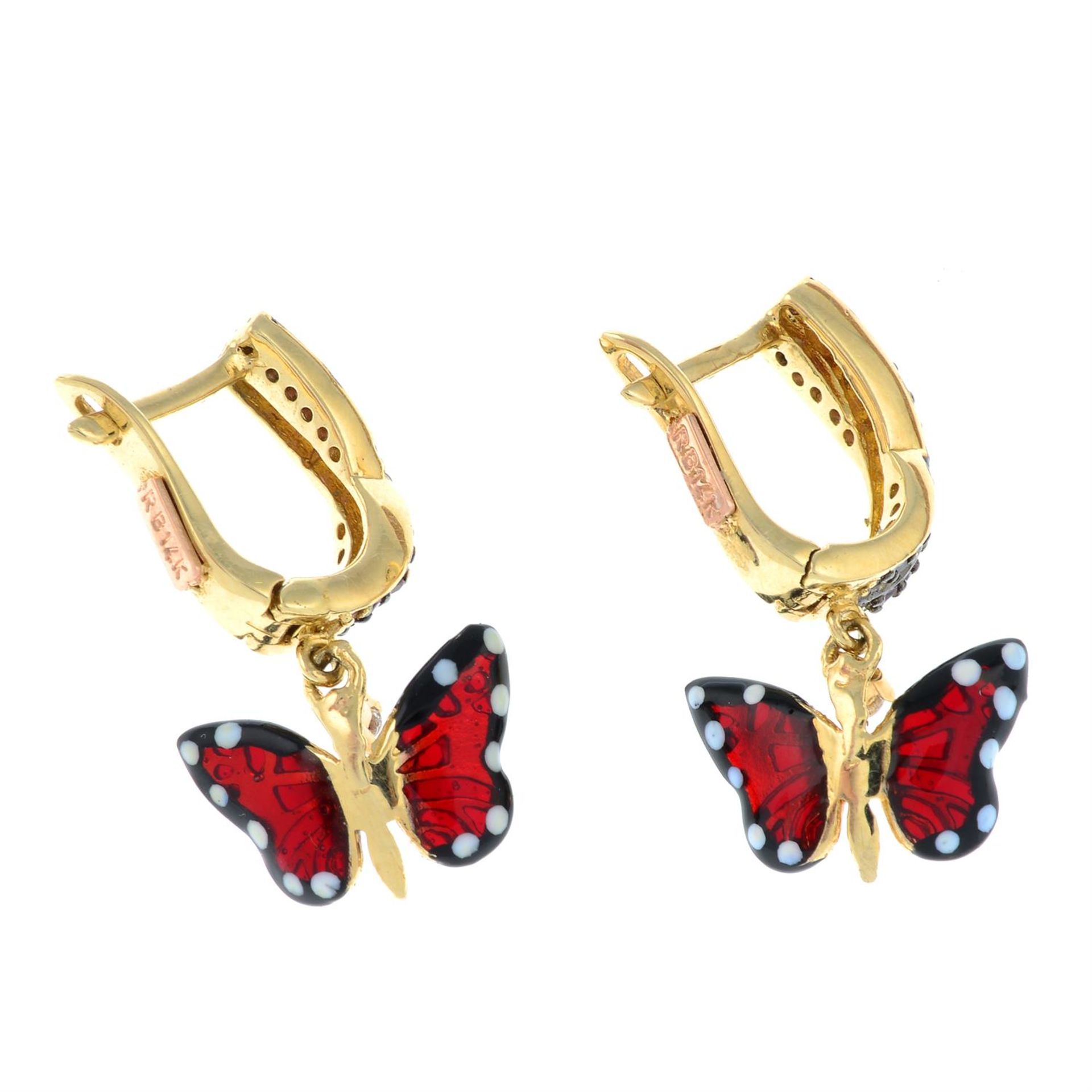 A pair of paste and enamel butterfly drop earrings. - Image 2 of 2