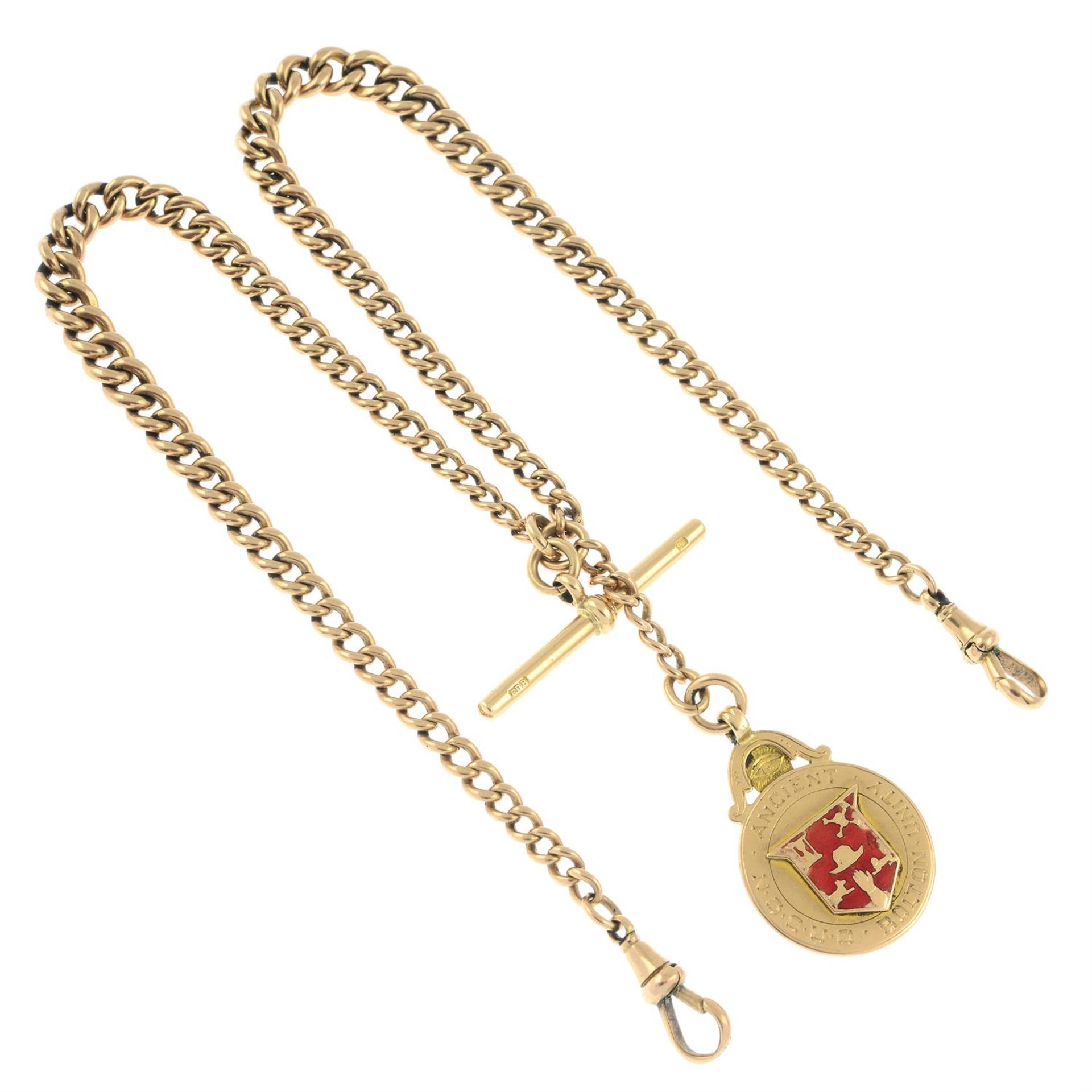 An early 20th century 9ct gold Albert, suspending a 9ct gold and enamel Masonic fob.