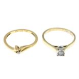 Two gold diamond single-stone rings.