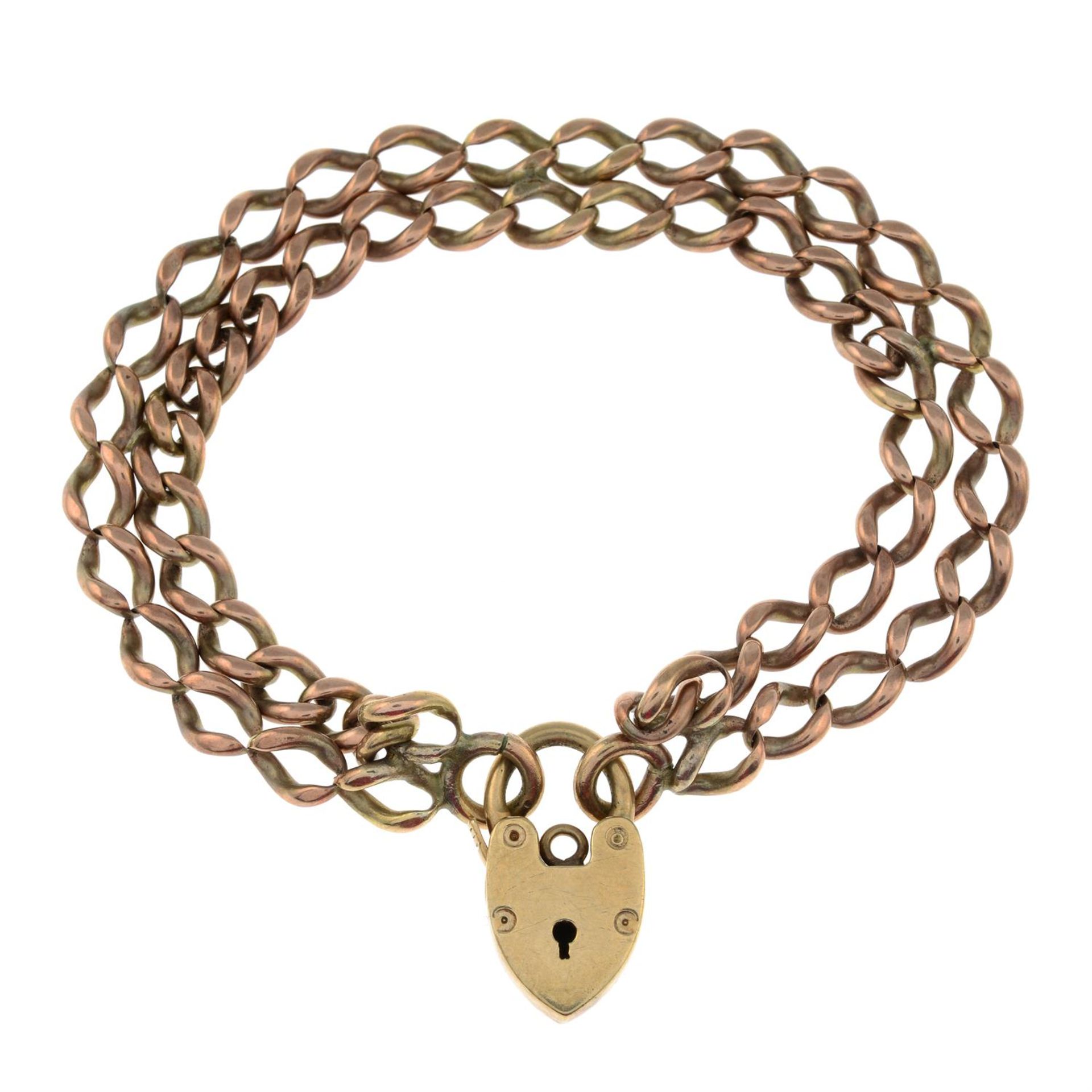 A curb-link two-row bracelet, gathered at a padlock clasp.