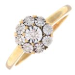 A 9ct gold illusion-set diamond cluster ring.