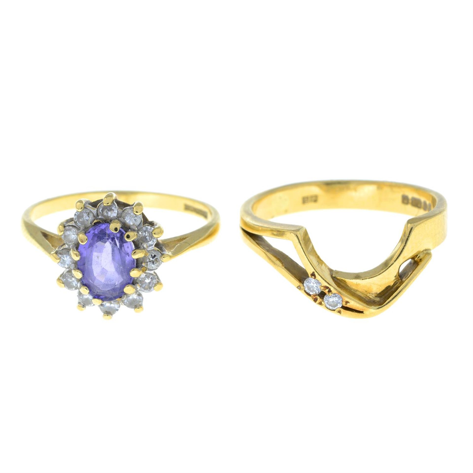 A set of 18ct gold rings, comprising a sapphire and diamond cluster ring and a diamond accent