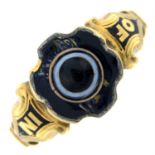 A mid Victorian 18ct gold banded agate and enamel mourning ring.