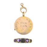 A mid Victorian18ct gold amethyst ring and an early 20th century 9ct gold circular locket.