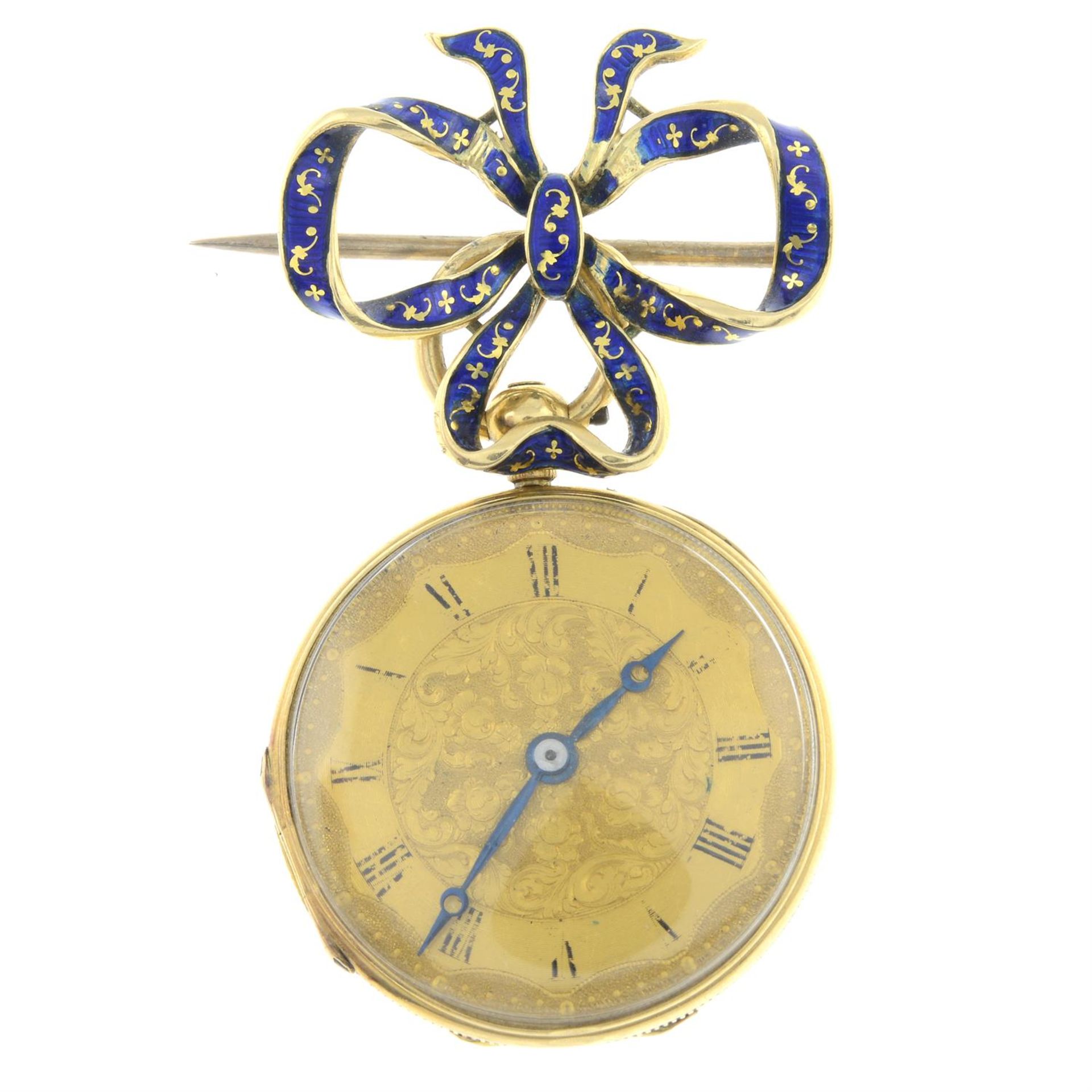 A 19th century 18ct gold enamel fob watch, by Vieyres & Repingon, suspended from a later enamel bow