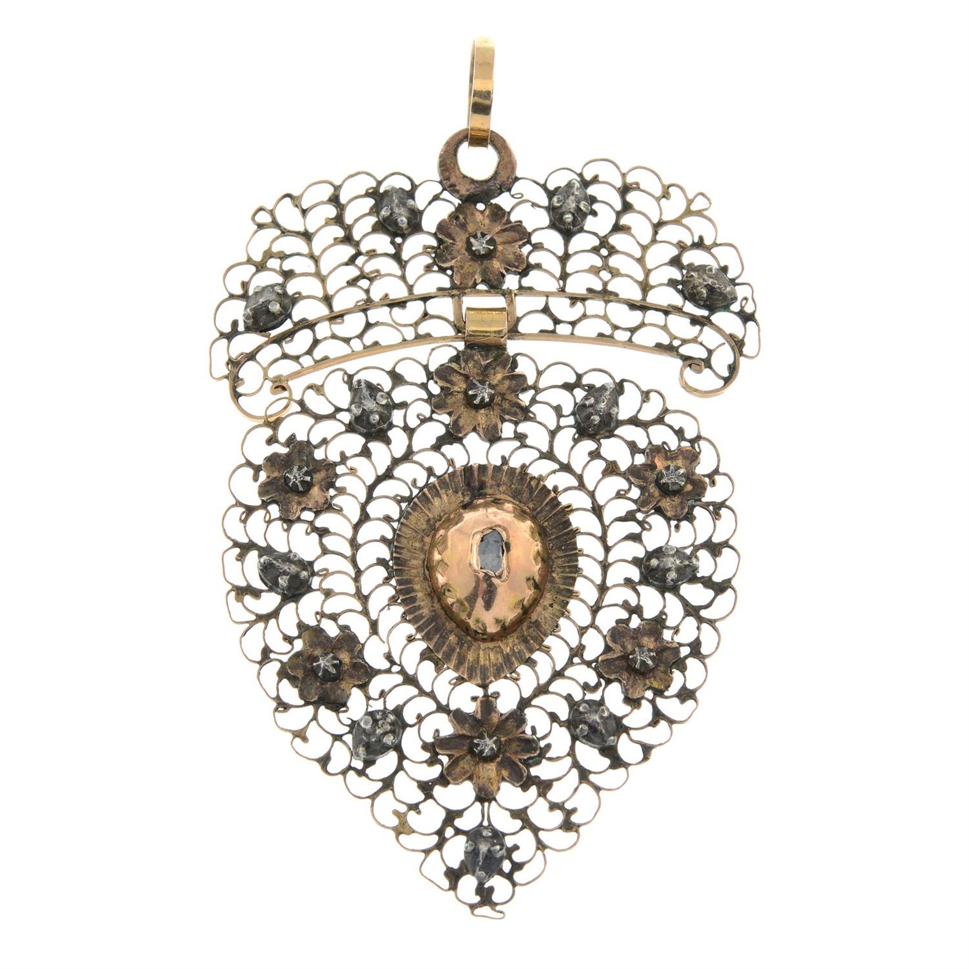 A late 18th century gold and silver diamond openwork floral pendant, possibly Iberian.