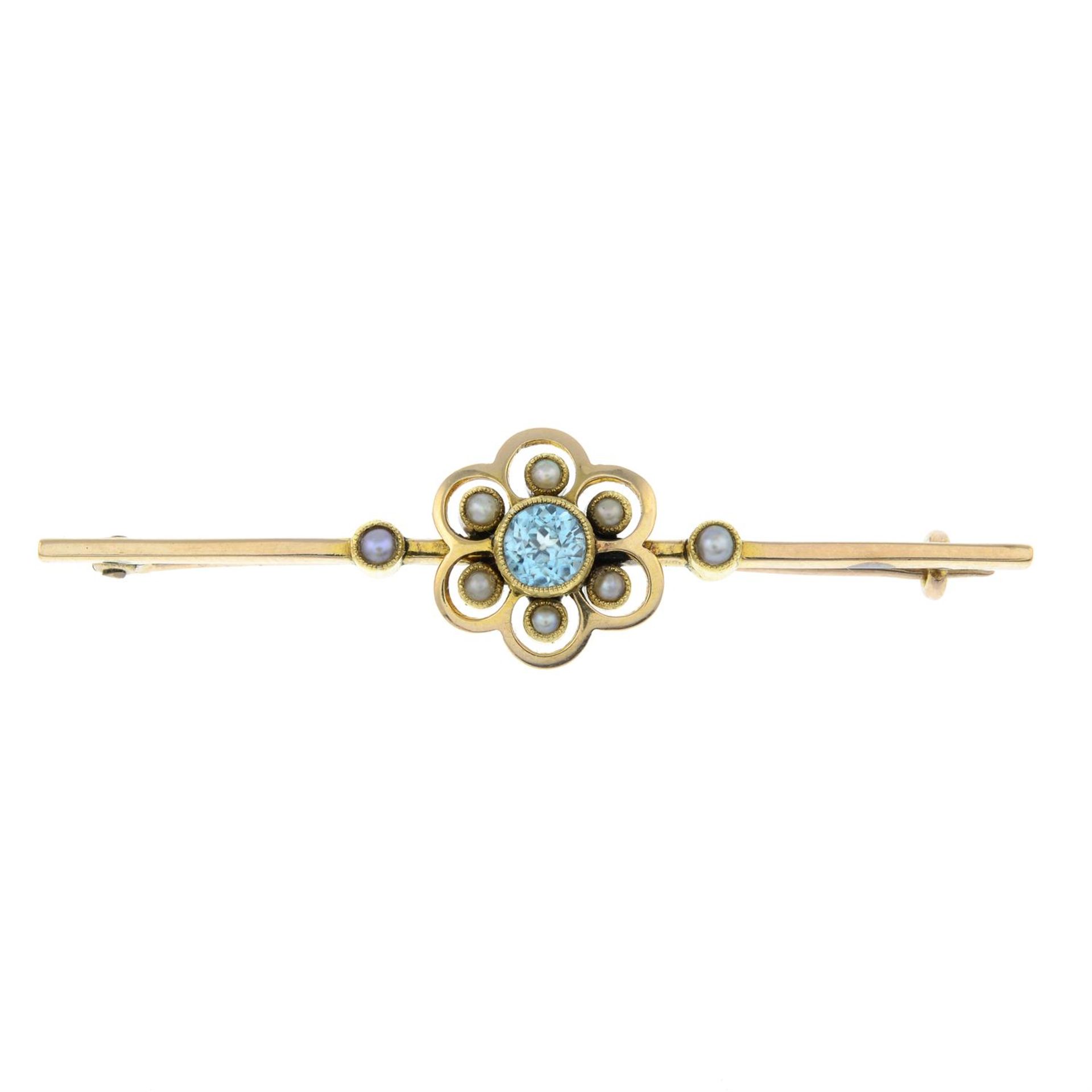 An early 20th century zircon and split pearl bar brooch.