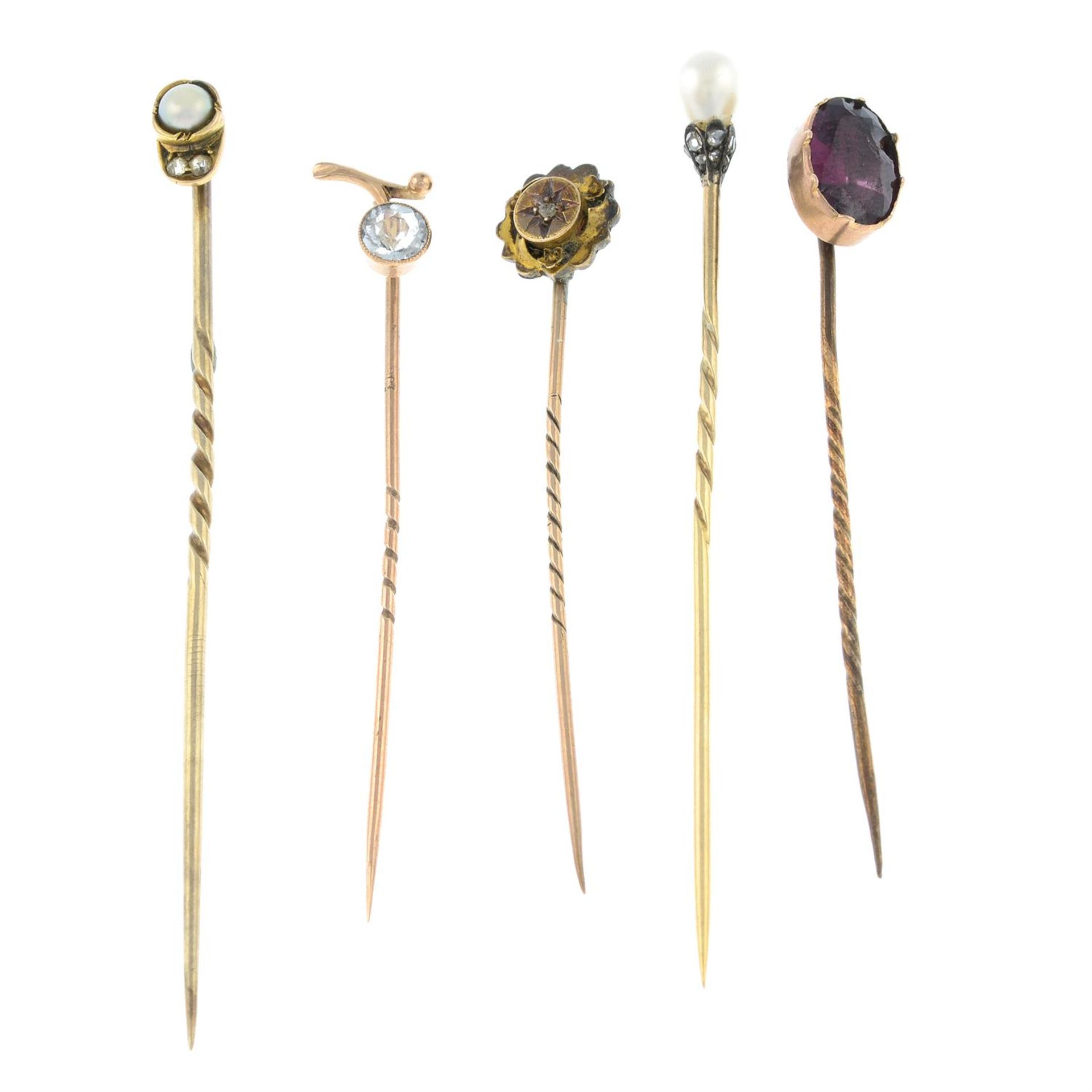 A selection of late Victorian to early 20th century gold gem-set stickpins.