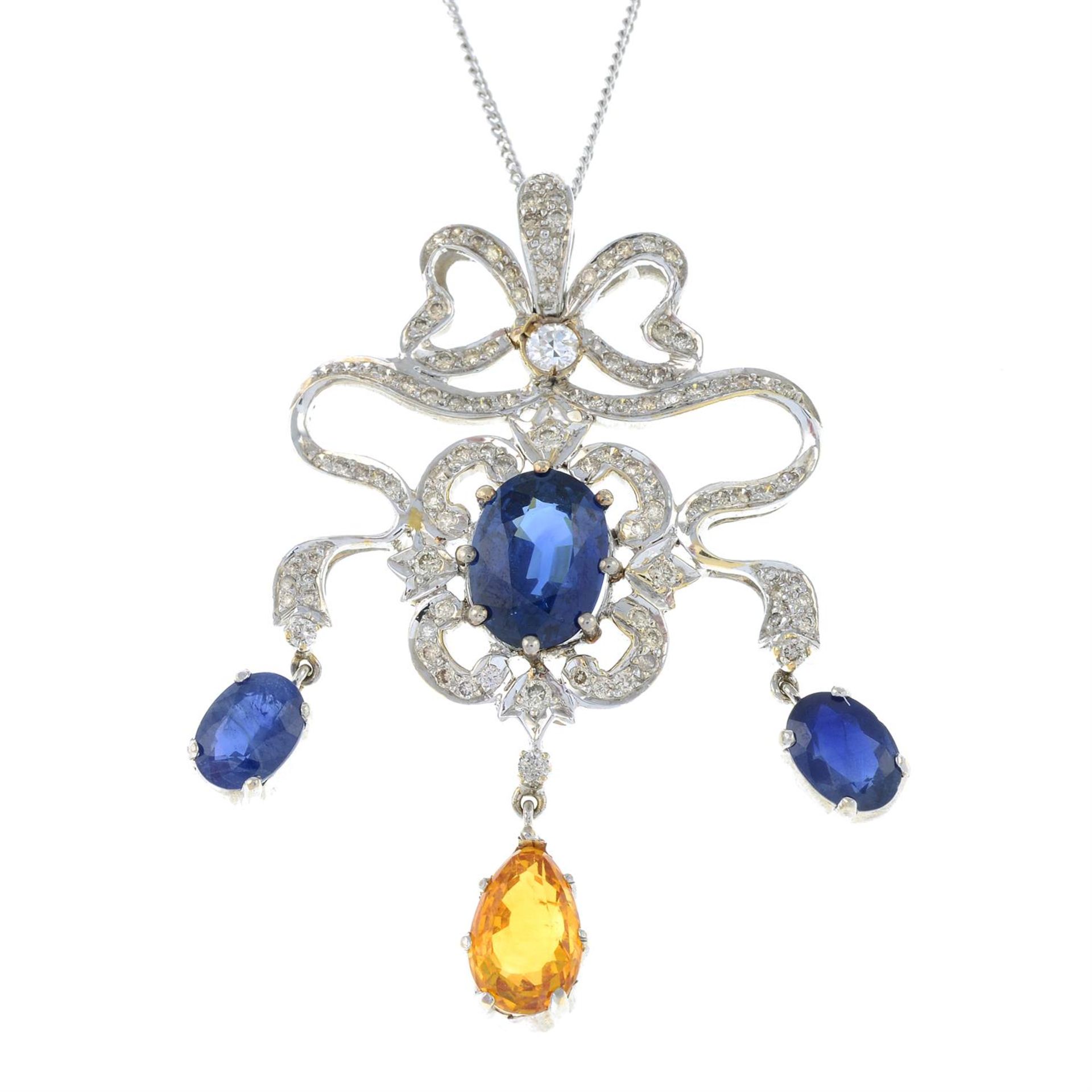 An 18ct gold vari-hue sapphire and brilliant-cut diamond drop pendant, on chain.
