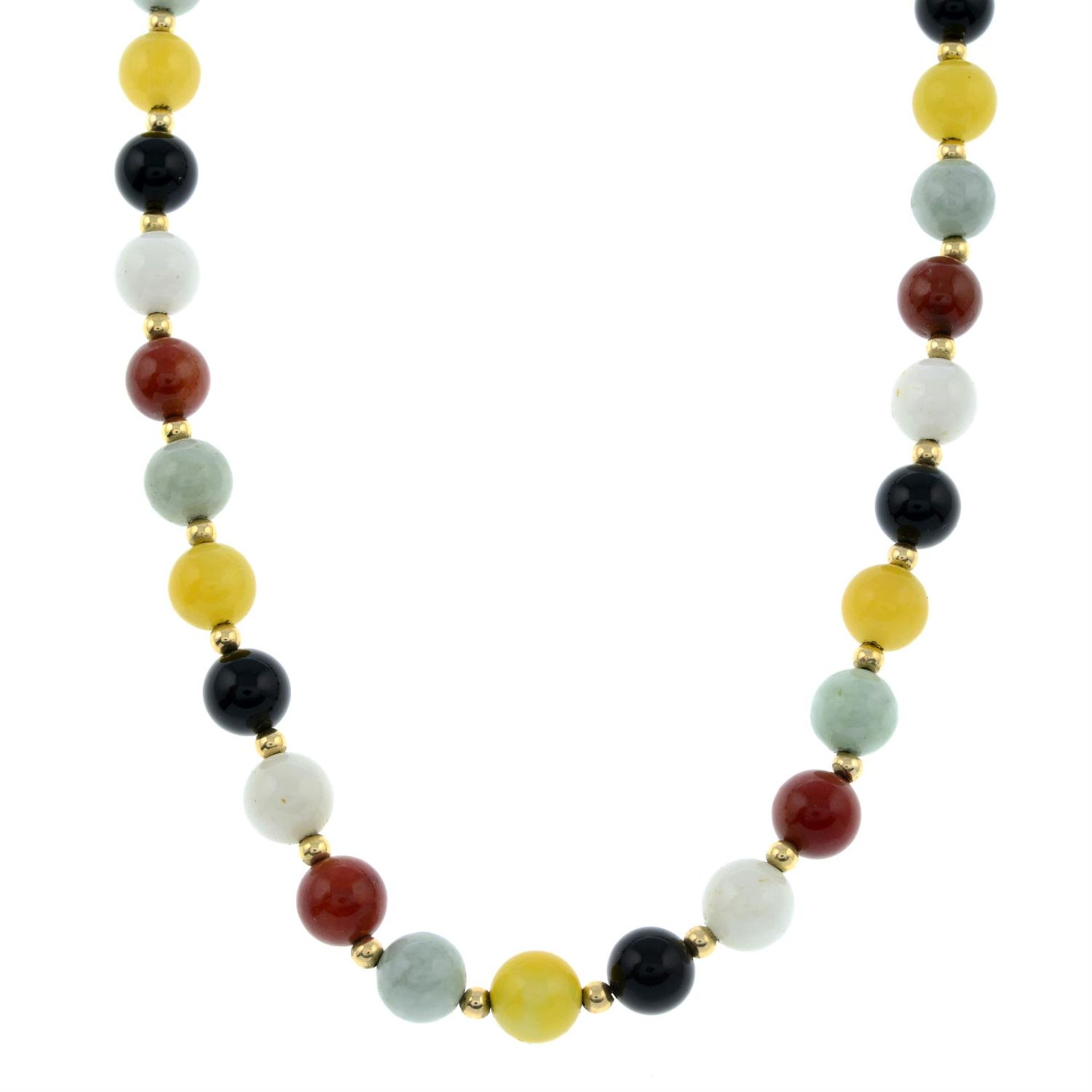 A multi-gem bead necklace, with 14ct gold clasp and spacers.