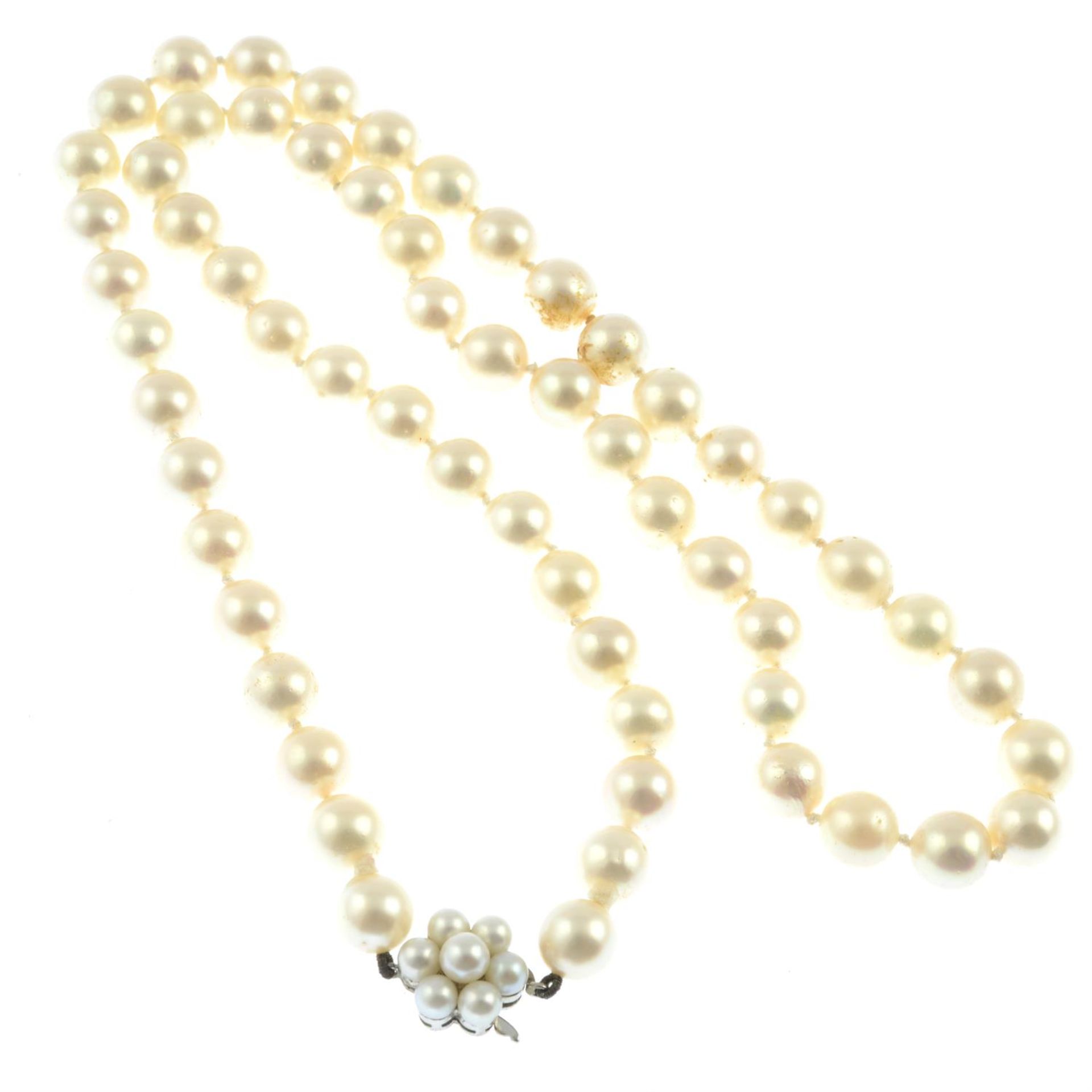 A 1960s cultured pearl necklace, with 9ct gold cultured pearl floral clasp.