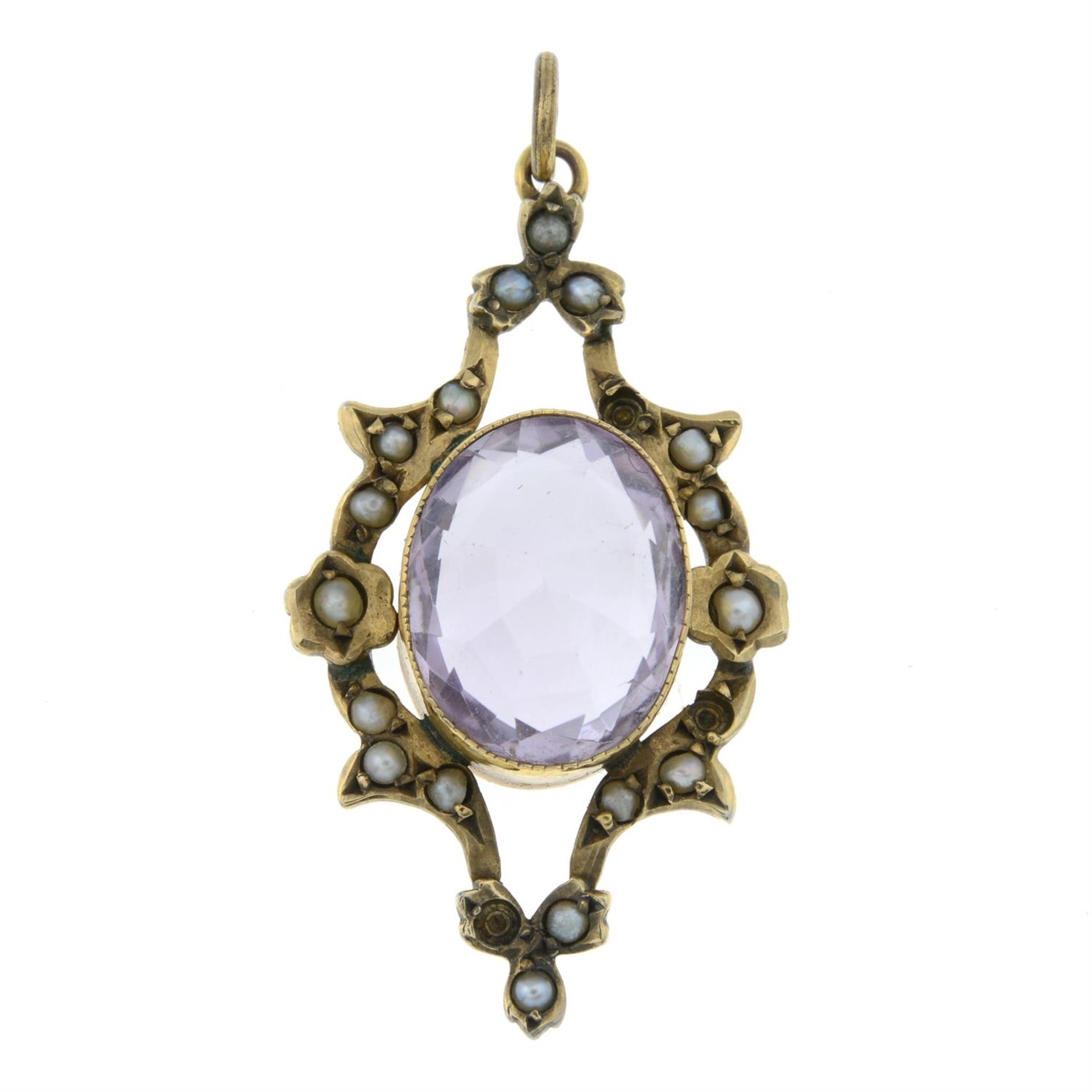 An early 20th century 9ct gold amethyst and split pearl openwork pendant.