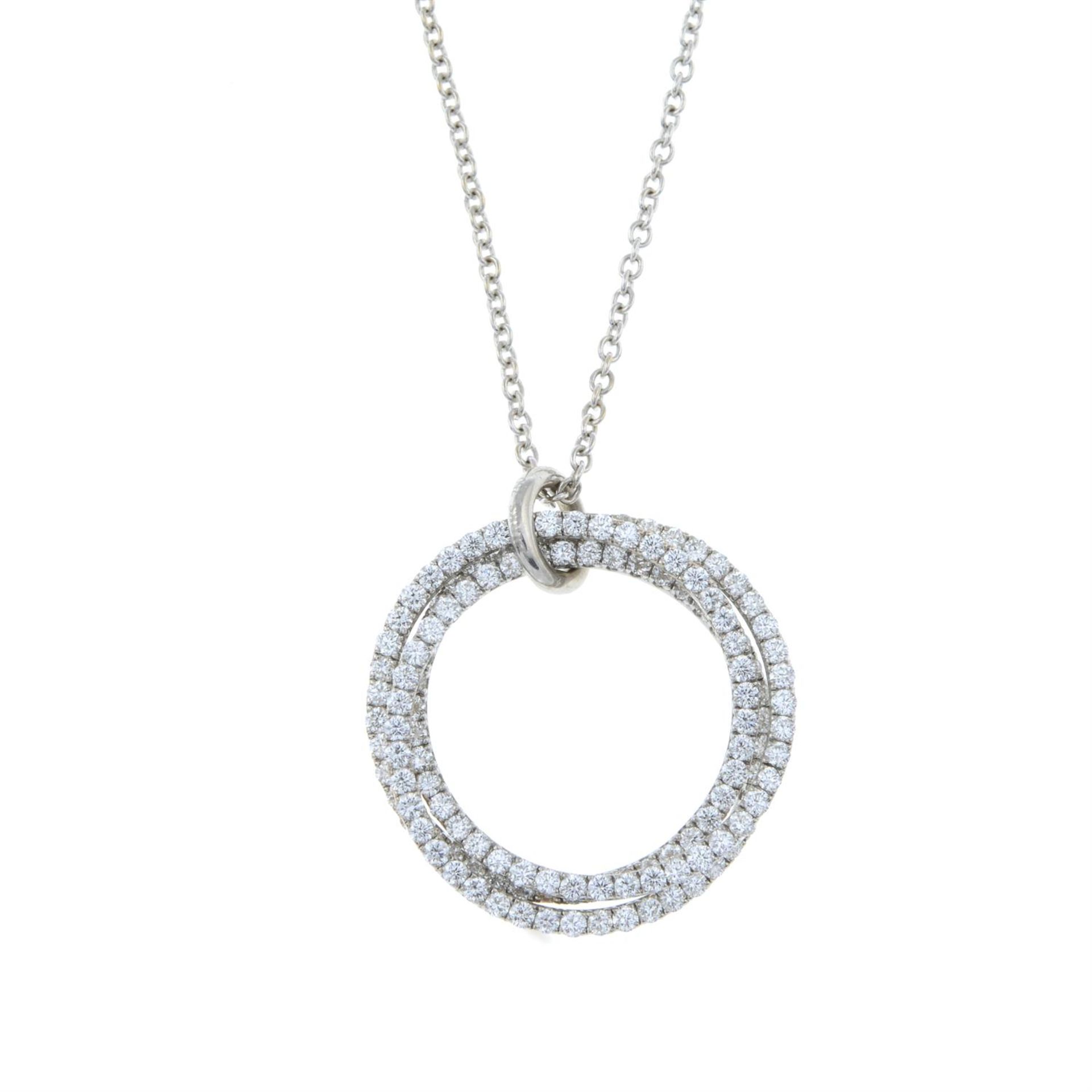 A brilliant-cut diamond 'Entwined Circles' pendant, on chain, by Birks.