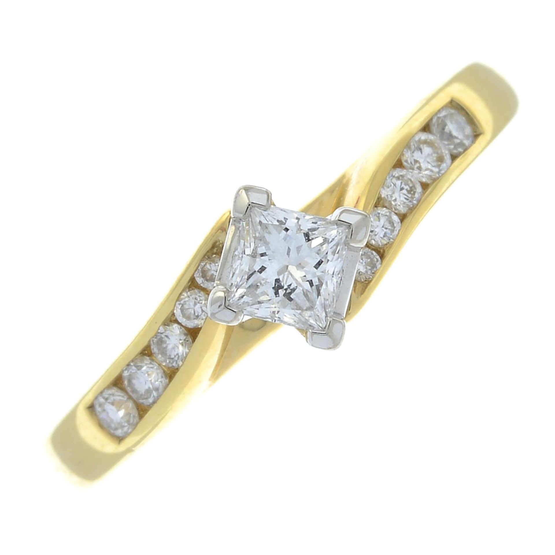 An 18ct gold square-shape diamond single-stone ring, with brilliant-cut diamond shoulders.