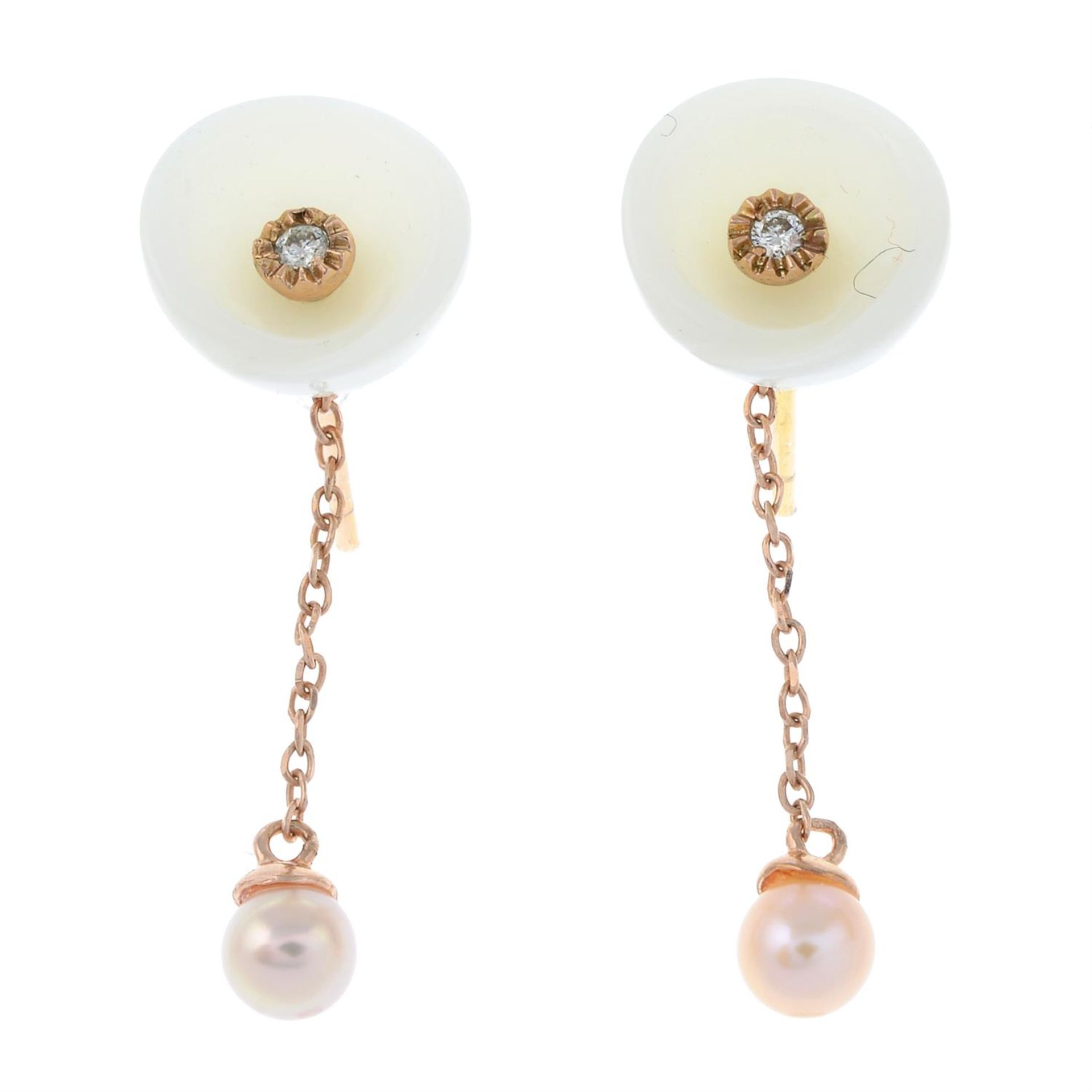 A pair of jade and diamond floral earrings, with cultured pearl detachable drop.