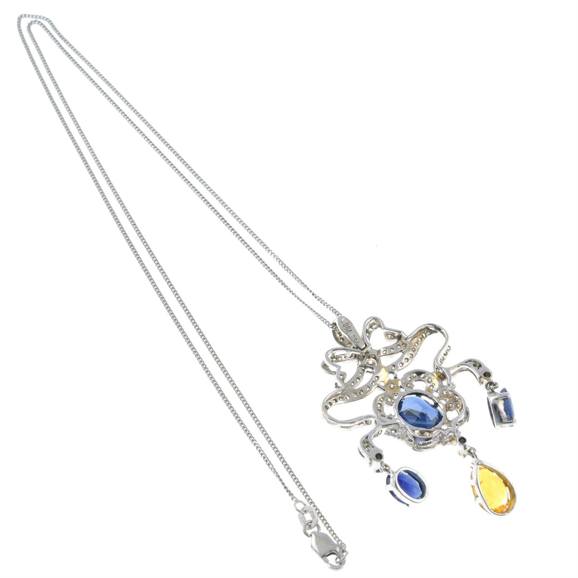 An 18ct gold vari-hue sapphire and brilliant-cut diamond drop pendant, on chain. - Image 2 of 2