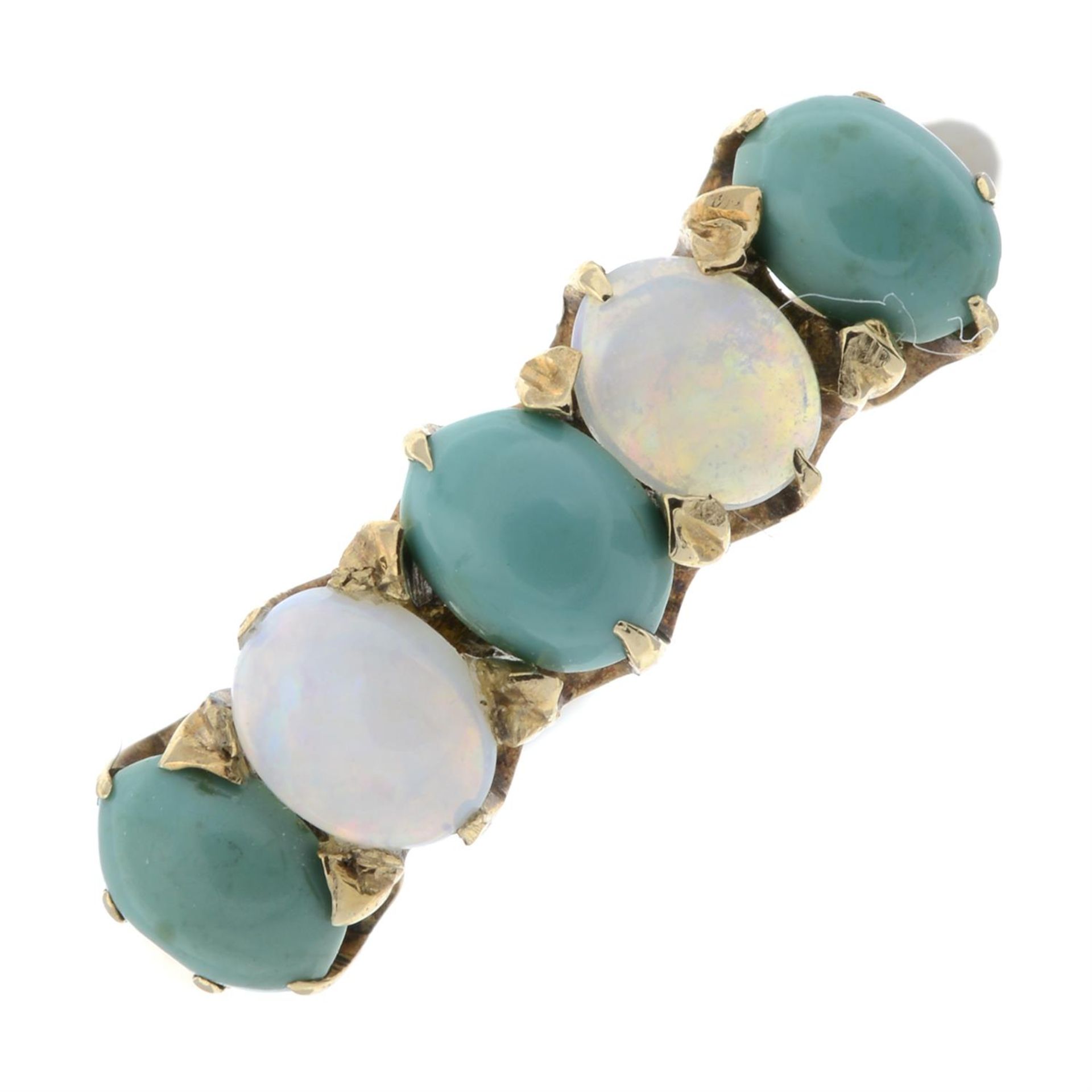 A turquoise and opal five-stone ring.