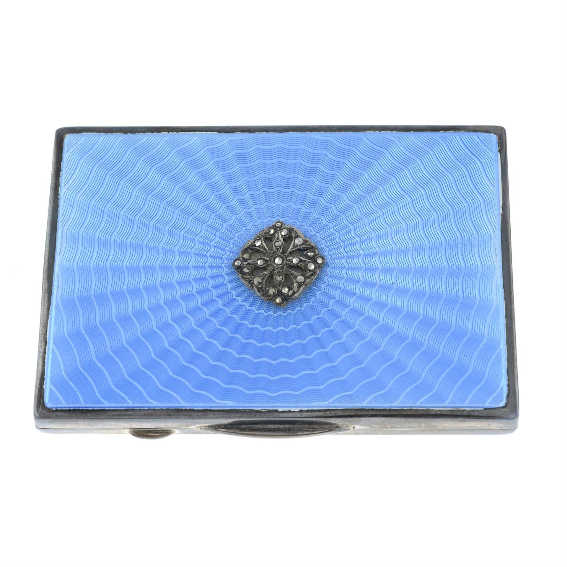 An early 20th century silver blue guilloche enamel powder compact, by Deakin & Francis.