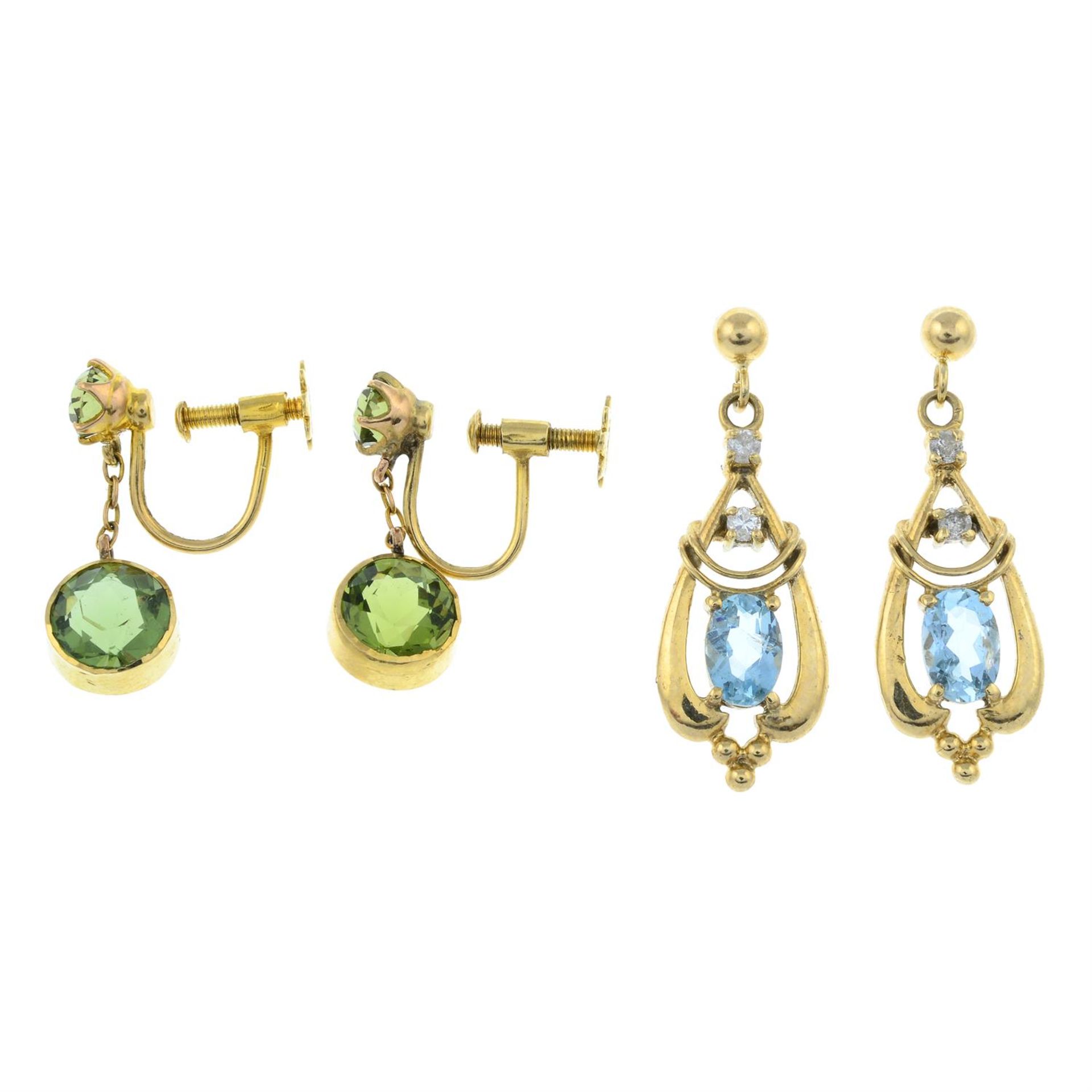 A pair of peridot drop screw-back earrings, together with a pair of aquamarine and brilliant-cut