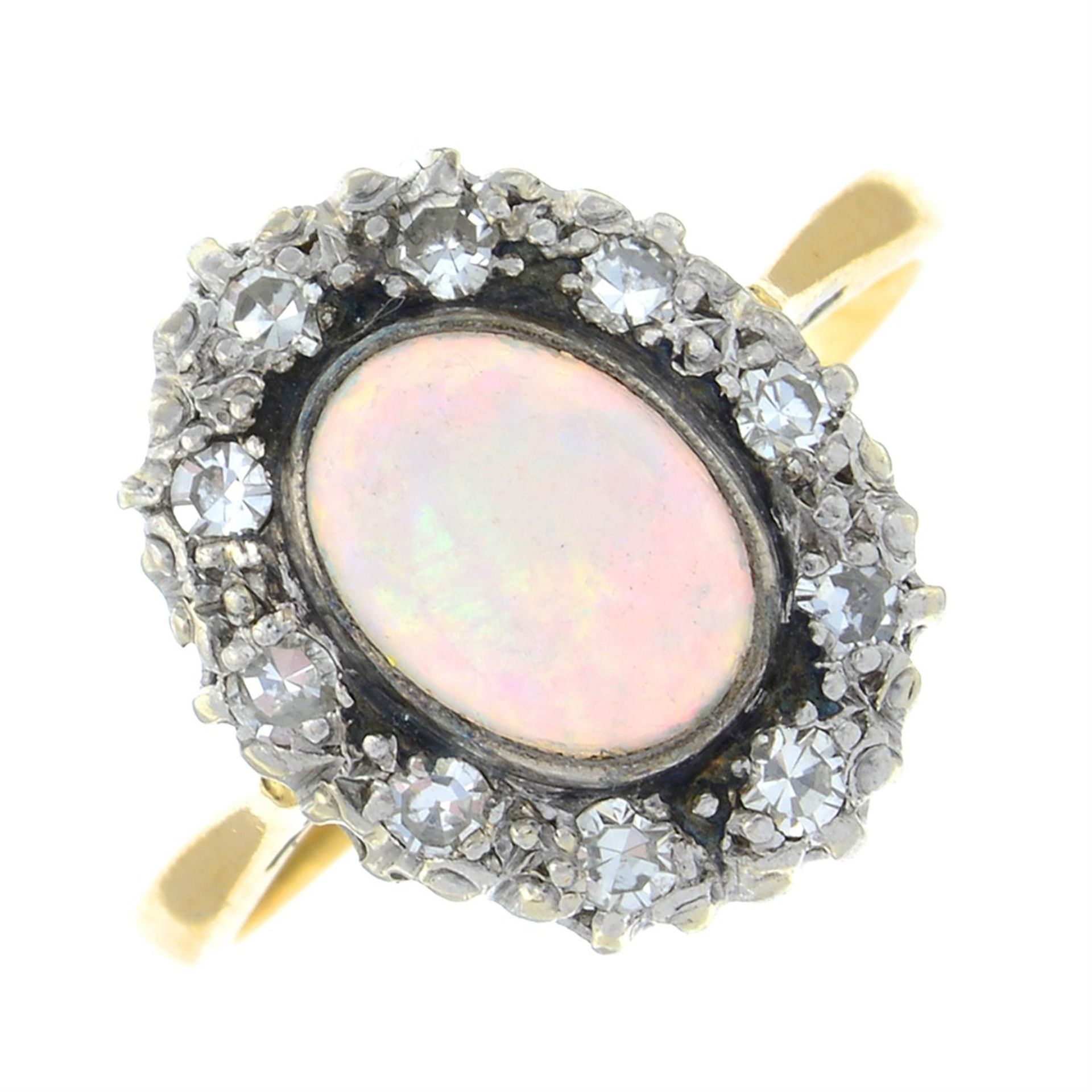 A mid 20th century 18ct gold and platinum opal and single-cut diamond cluster ring.
