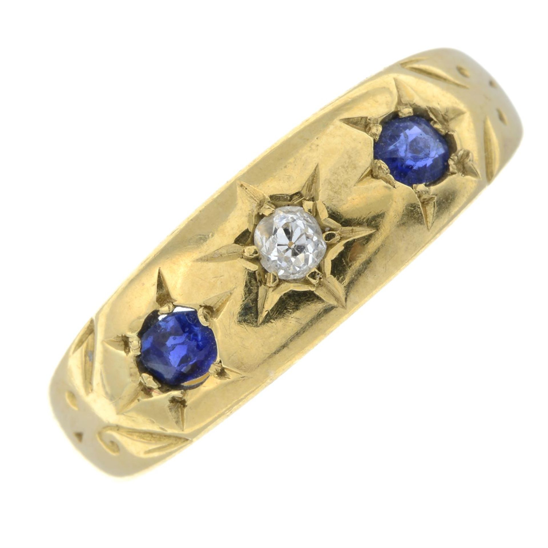 A late Victorian 18ct gold star-set sapphire and old-cut diamond band ring.