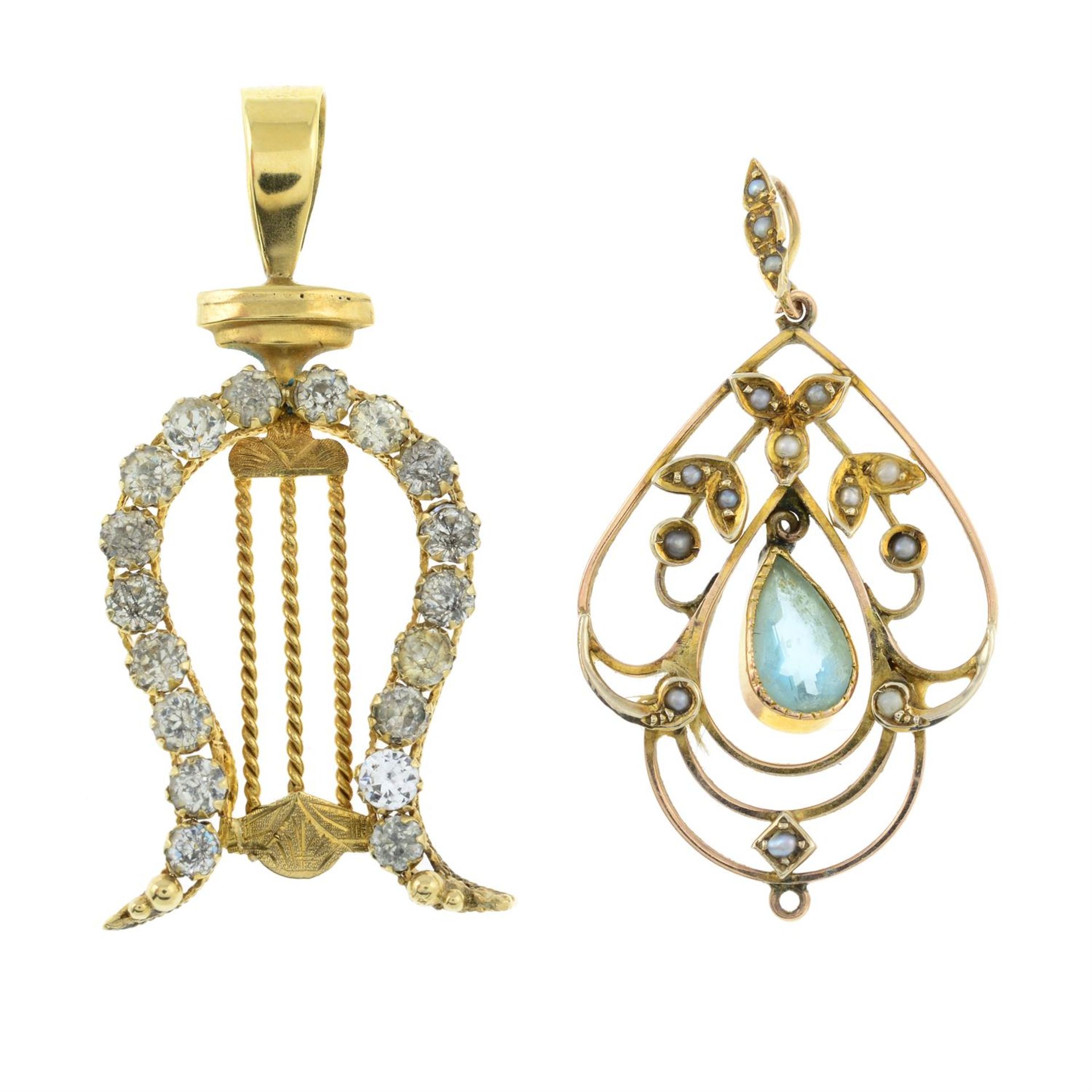 An early 20th century gold blue paste and split pearl openwork pendant, together with a colourless