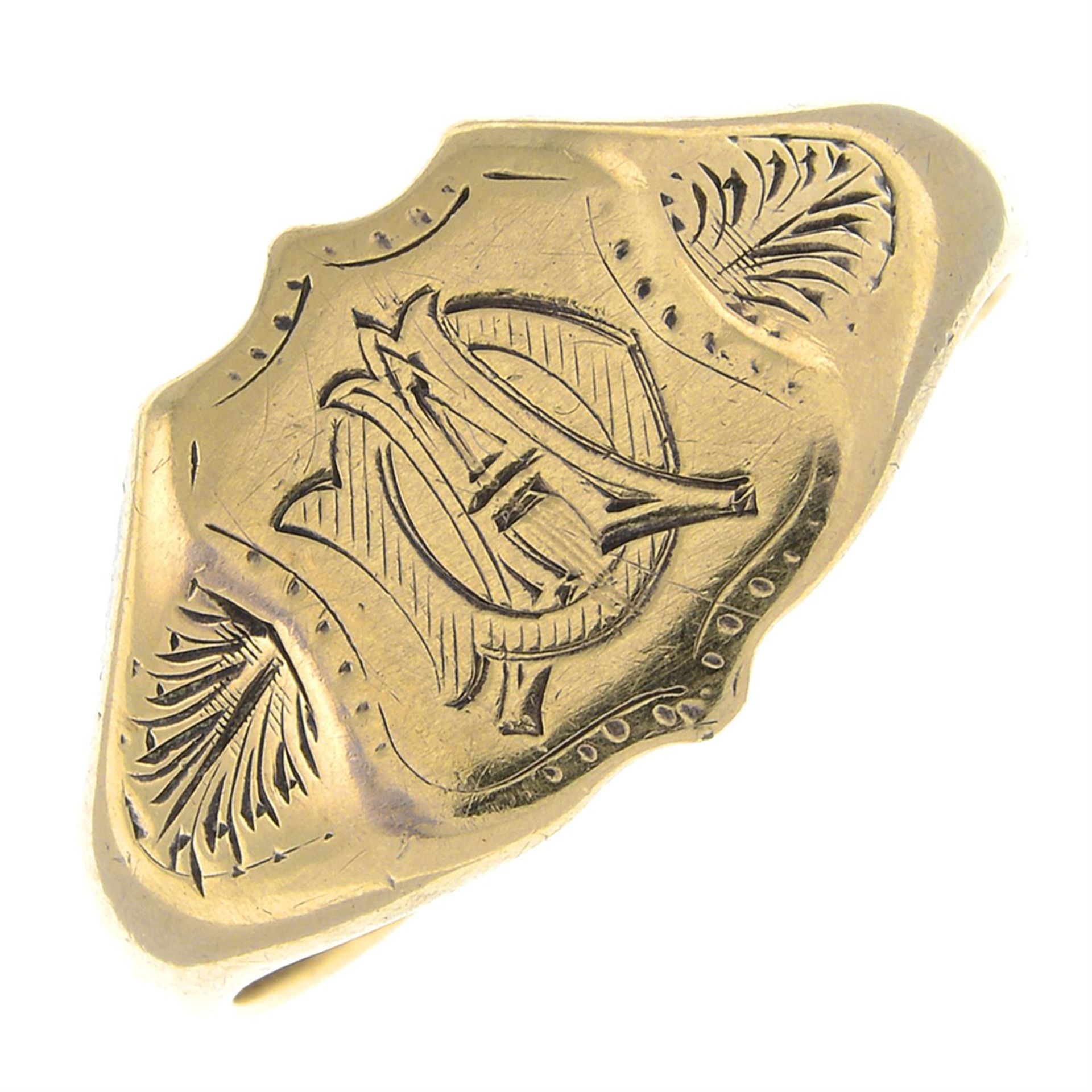 A 1970s 9ct gold monogram engraved signet ring.
