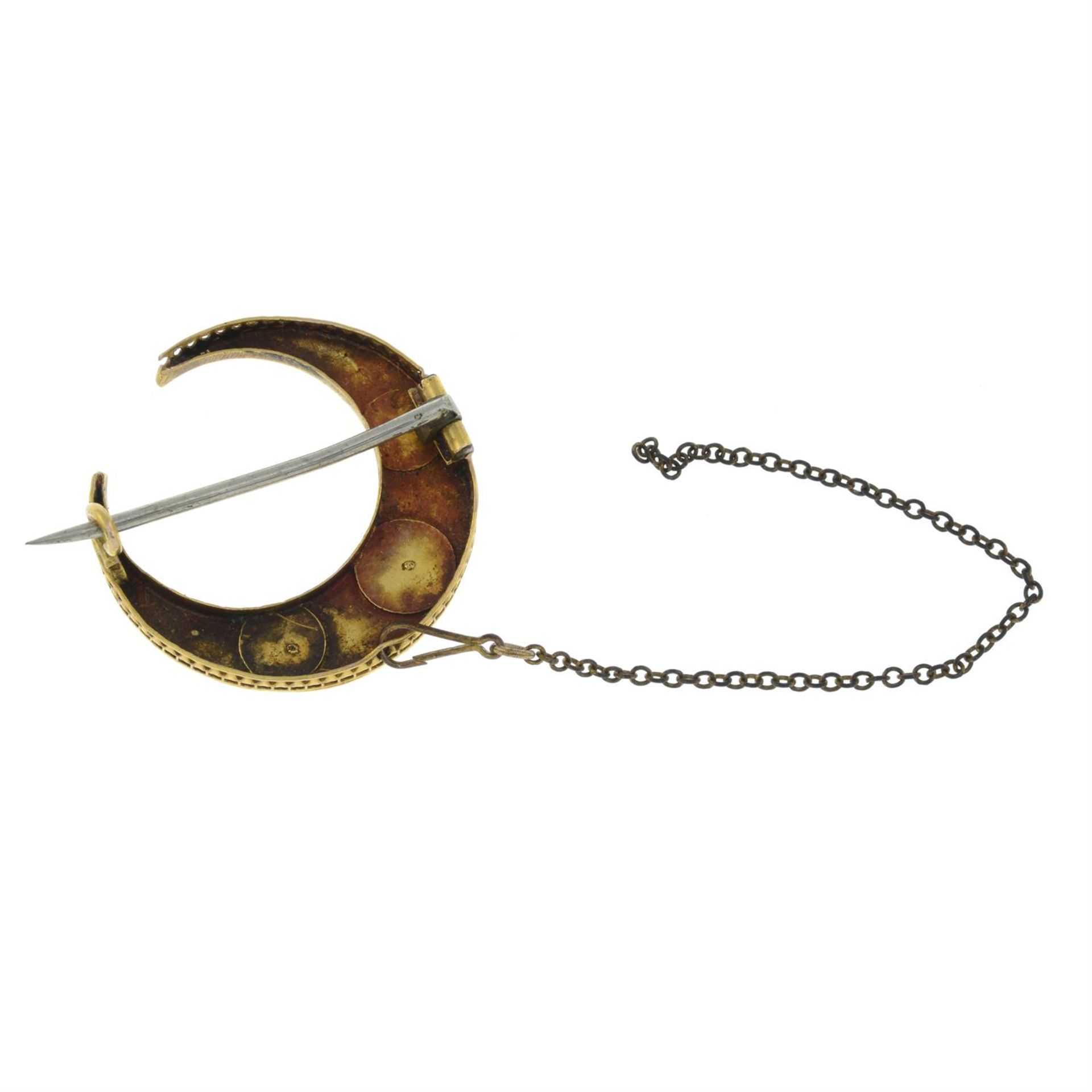 A late 19th century gold crescent brooch, with split pearl highlights. - Image 2 of 2