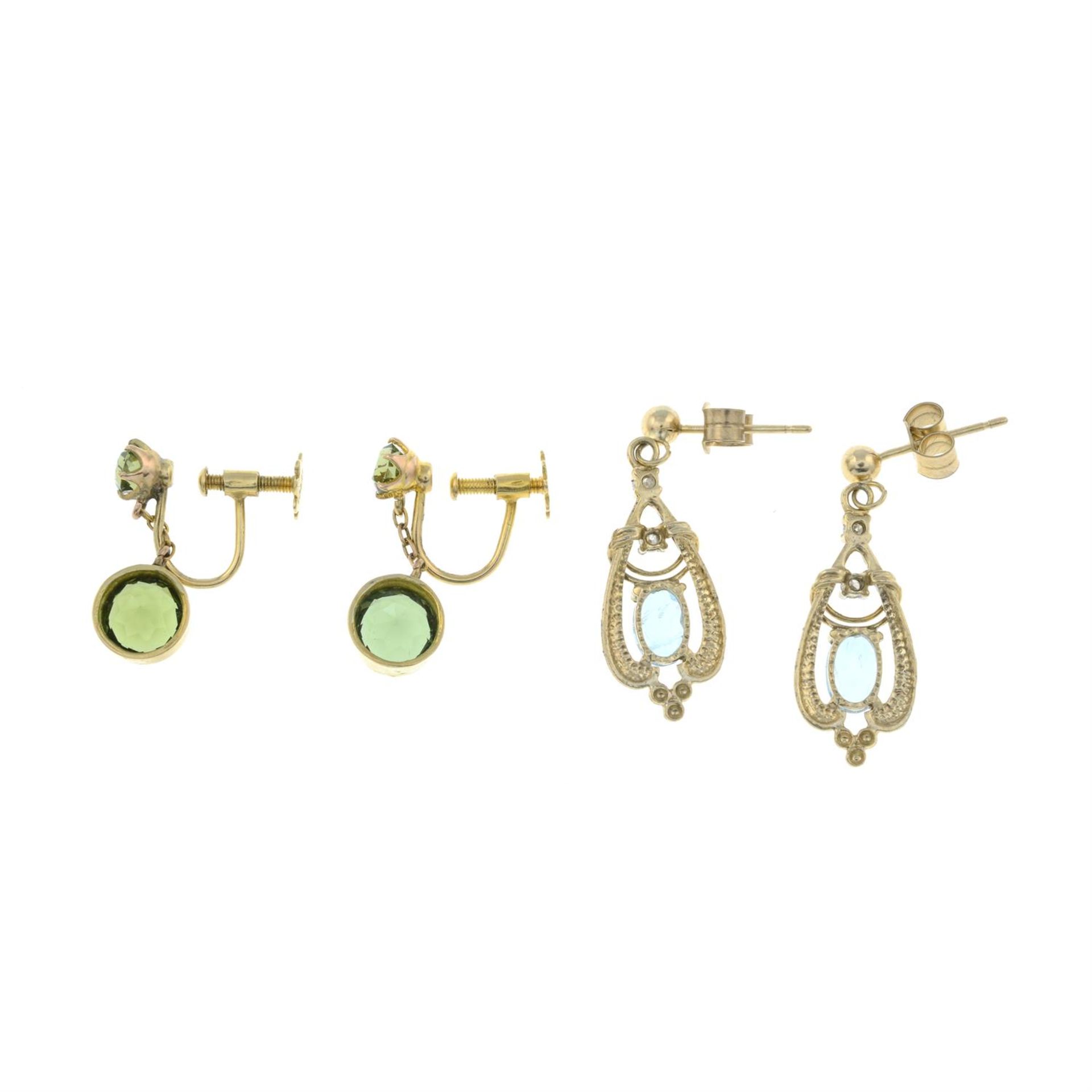 A pair of peridot drop screw-back earrings, together with a pair of aquamarine and brilliant-cut - Image 2 of 2