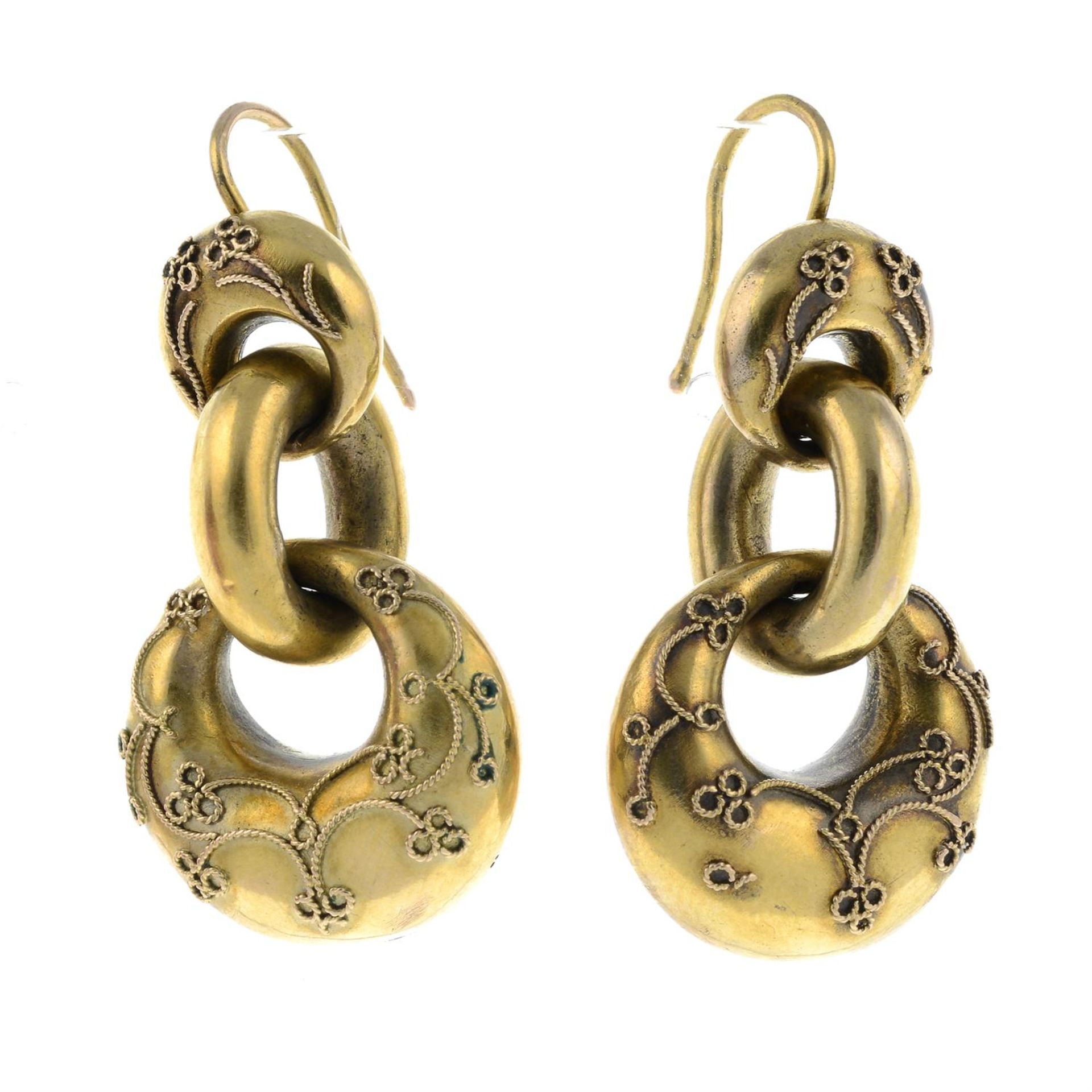 A pair of mid to late 19th century circular floral motif drop earrings.