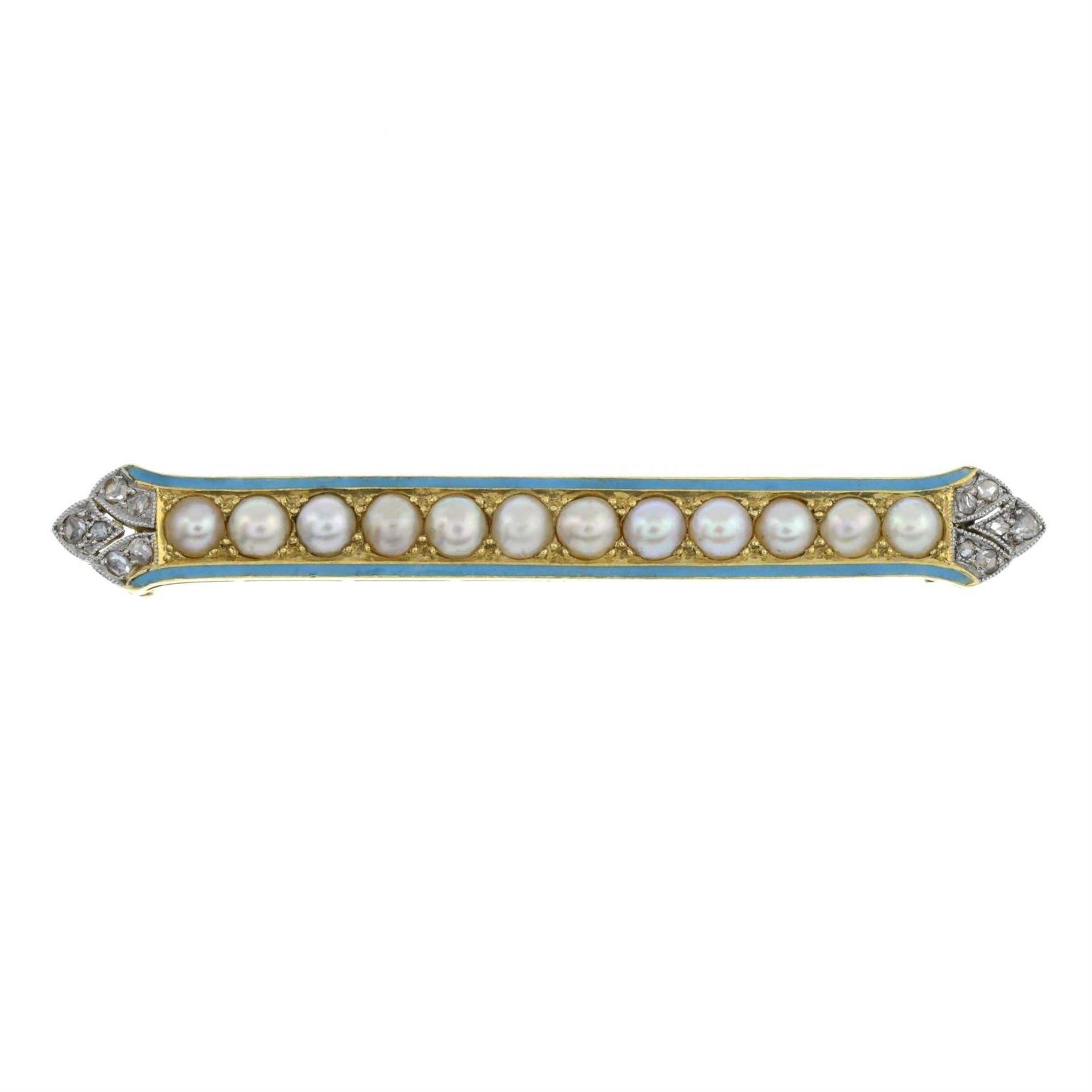 A late 19th century gold split pearl, rose-cut diamond and blue enamel brooch.