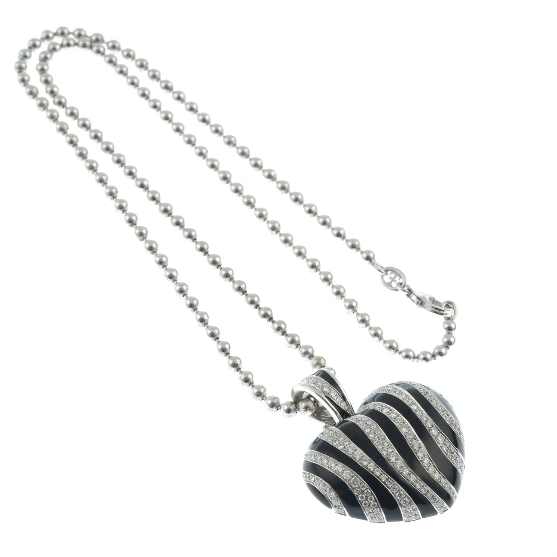 An 18ct gold pavé-set diamond and undulating black enamel striped heart pendant, with bead-link - Image 4 of 5