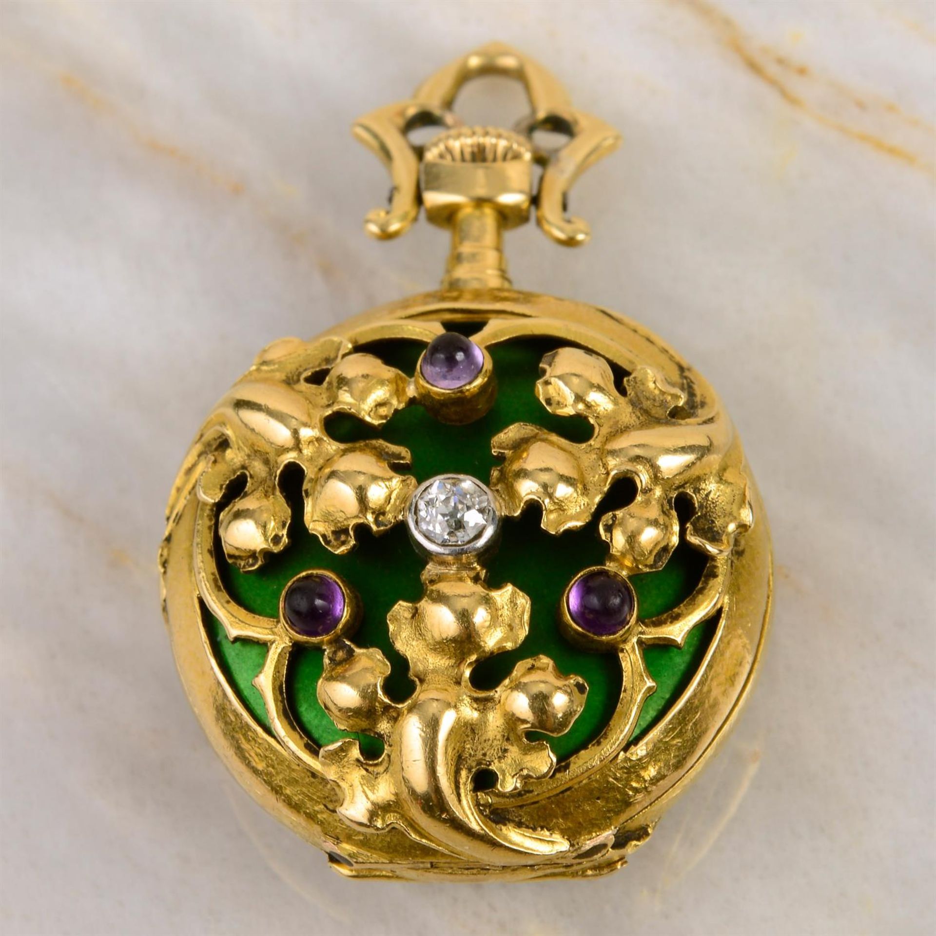 A lady's early 20th century Art Nouveau 18ct gold, old-cut diamond, amethyst cabochon and green