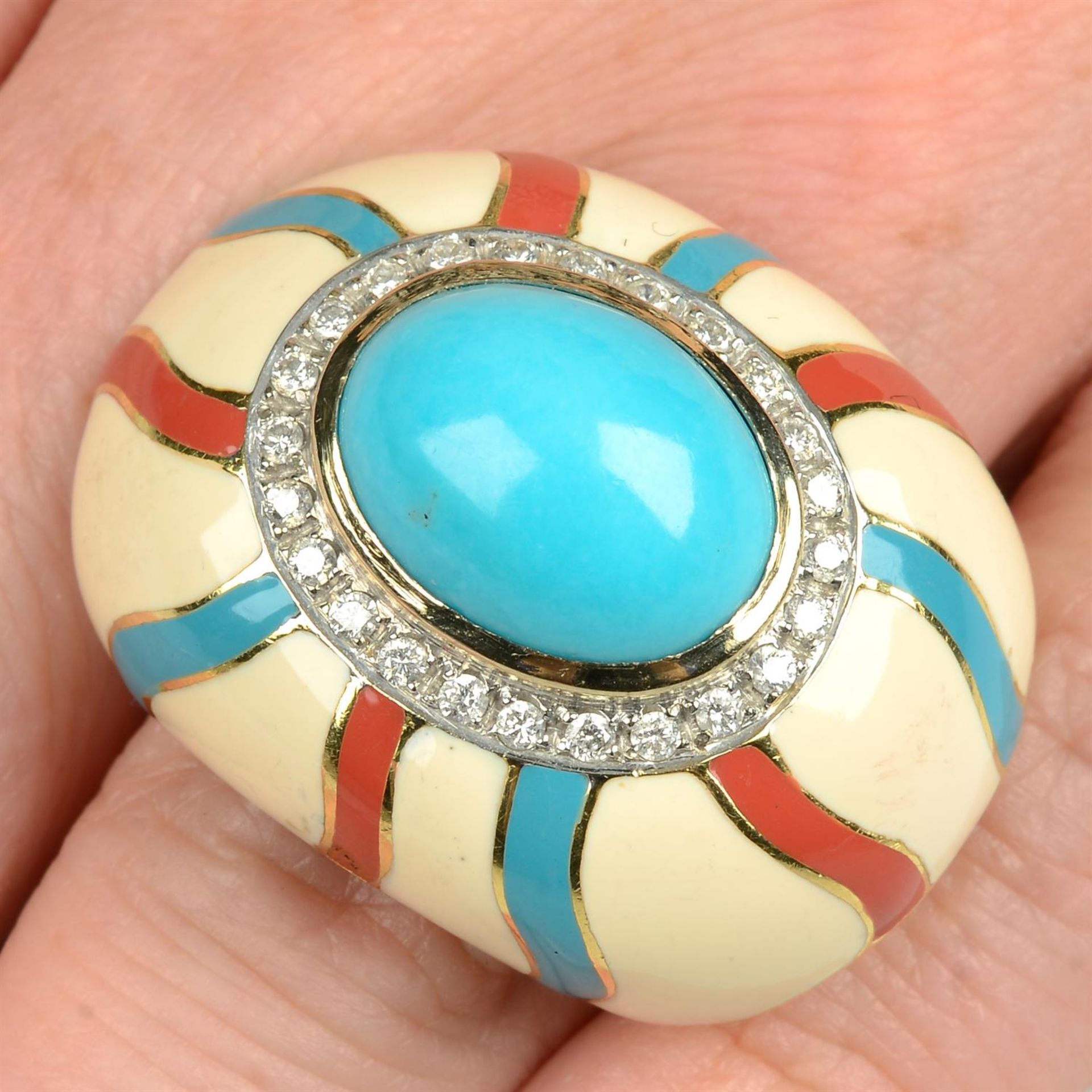 A turquoise, brilliant-cut diamond and enamel cocktail ring.