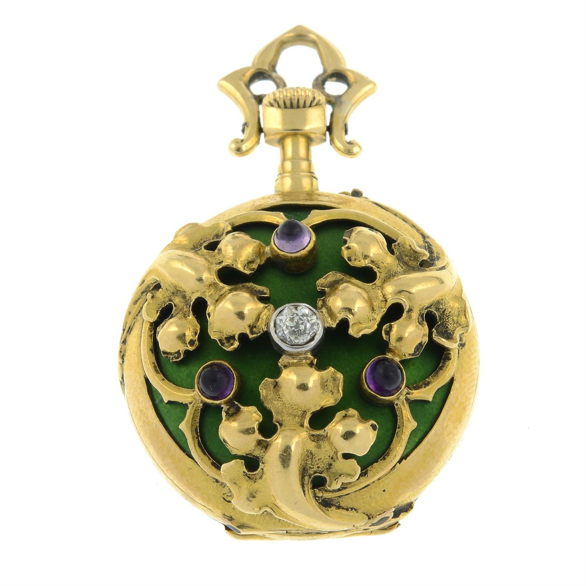 A lady's early 20th century Art Nouveau 18ct gold, old-cut diamond, amethyst cabochon and green - Bild 2 aus 5