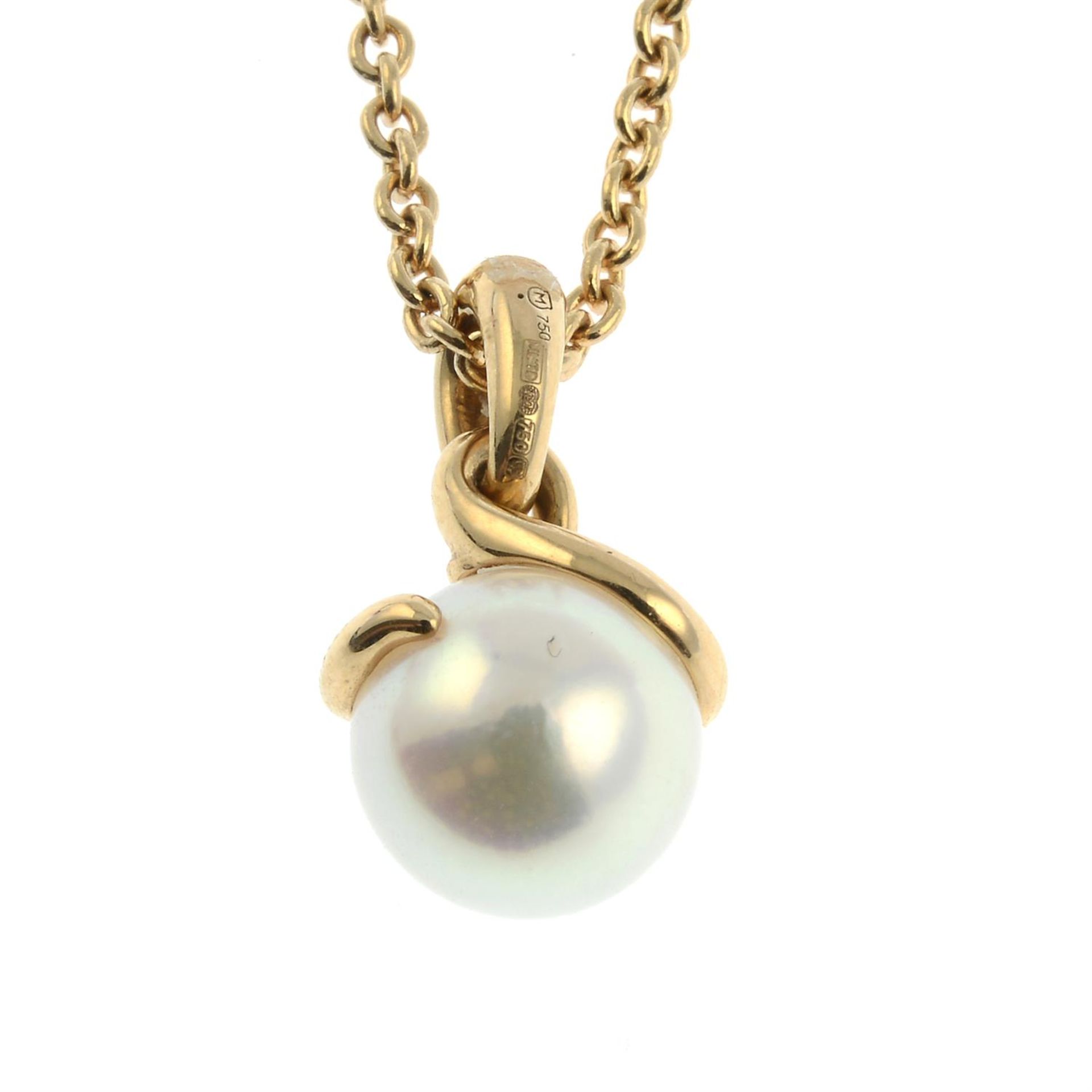An 18ct gold Akoya cultured pearl and pavé-set diamond 'Twist' pendant, with chain, by Mikimoto. - Image 3 of 5