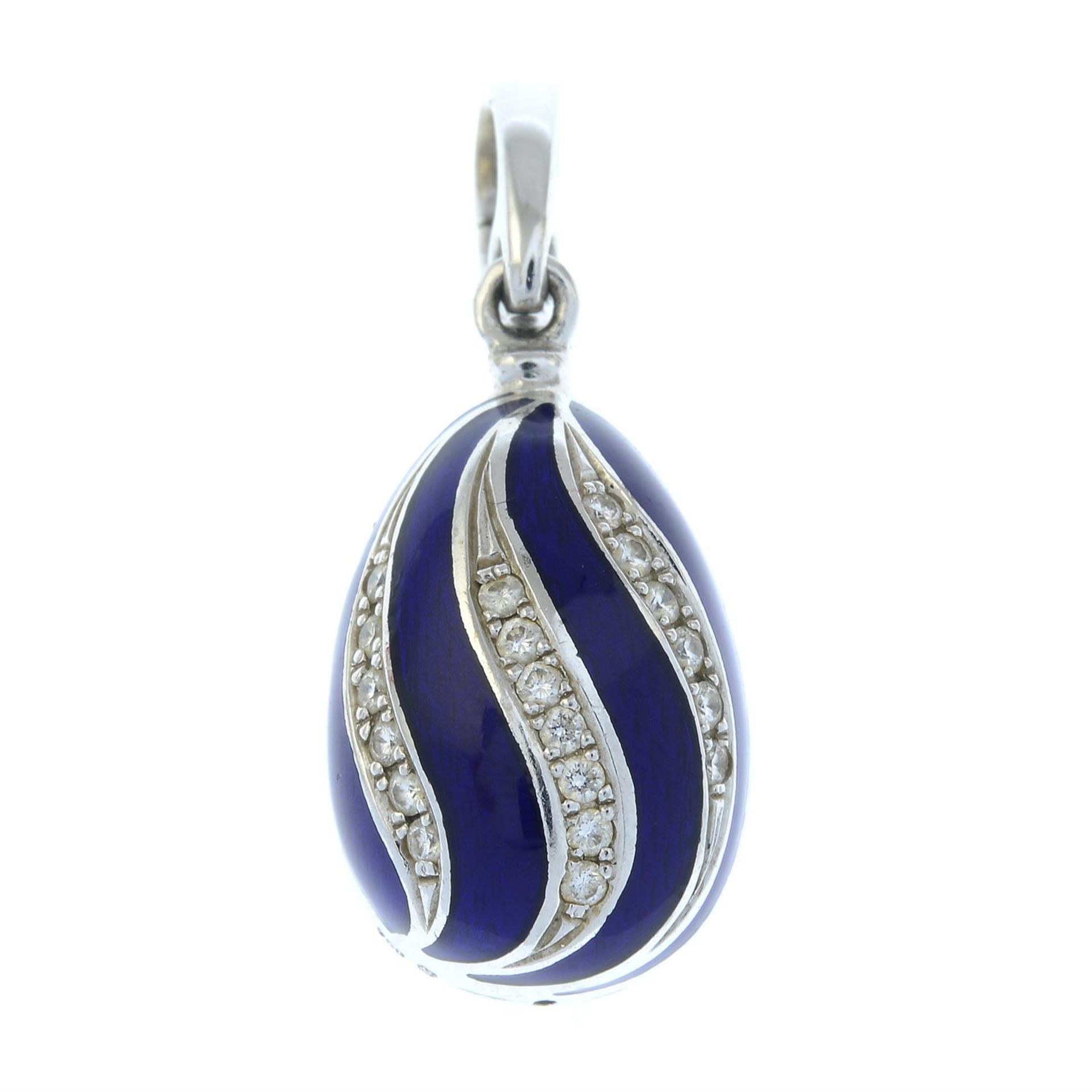 A limited edition 18ct gold brilliant-cut diamond and blue enamel egg pendant, by Fabergé. - Image 2 of 4