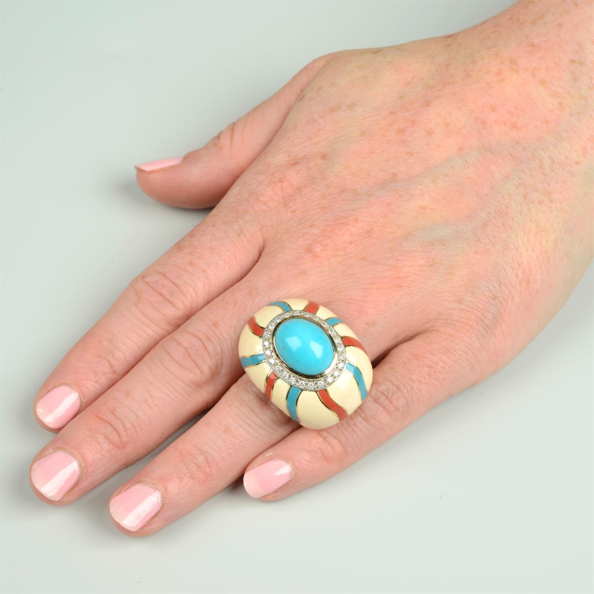 A turquoise, brilliant-cut diamond and enamel cocktail ring. - Image 6 of 6